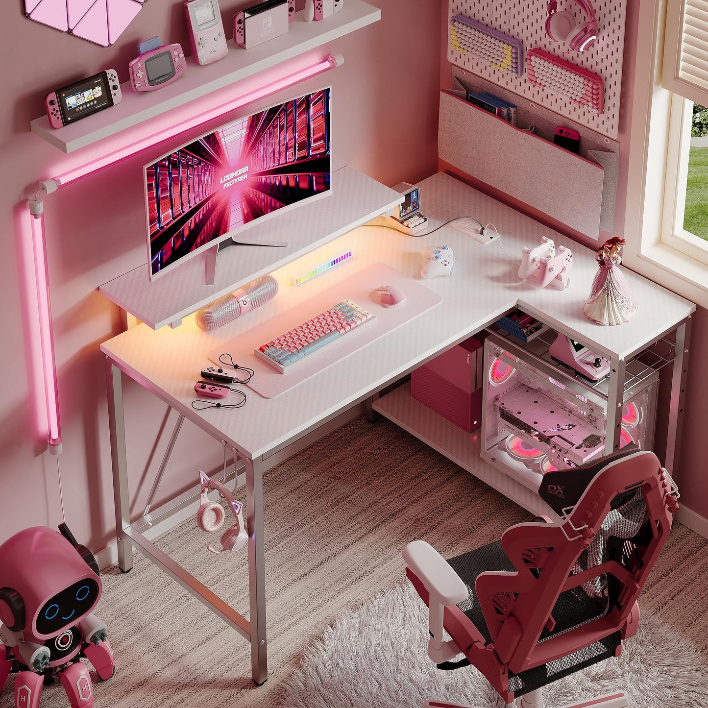 Bestier White Computer Desk with Charging Port & LED Strip,42 inch Modern Gaming Desk with Reversible Storage Shelves,Small L Shaped Desk with Hooks for Home Office