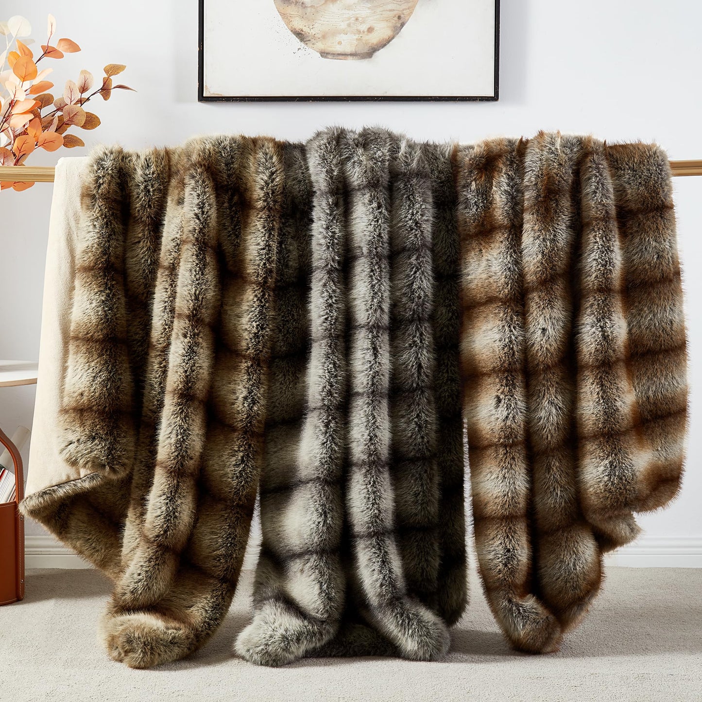 JONIYEAR High-end Long Pile Fluffy Faux Bear Fur Throw Blanket 50" x 60",Luxury Soft Double Sided Cozy Accent Wolf Fuzzy Blanket for Couch Sofa,Warm Animal Skin Furry Blankets for Winter,Reddish Brown