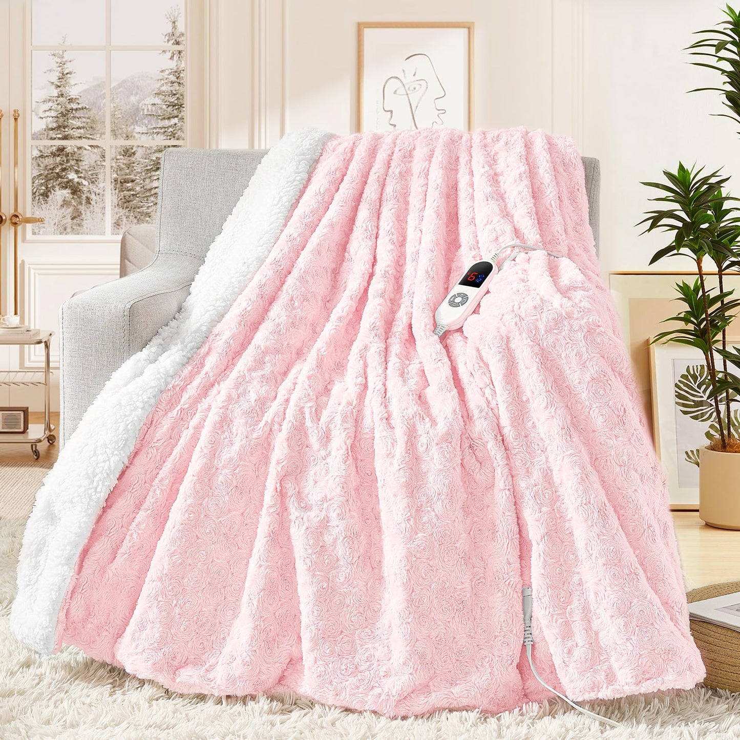 MAXEVE Heated Blanket Electric Throw 50"x60" Faux Rabbit Fur Blankets with 6 Heating Sets & 12 Hours Auto Off, Warm Gifts for Grandma Wife, ETL Certification