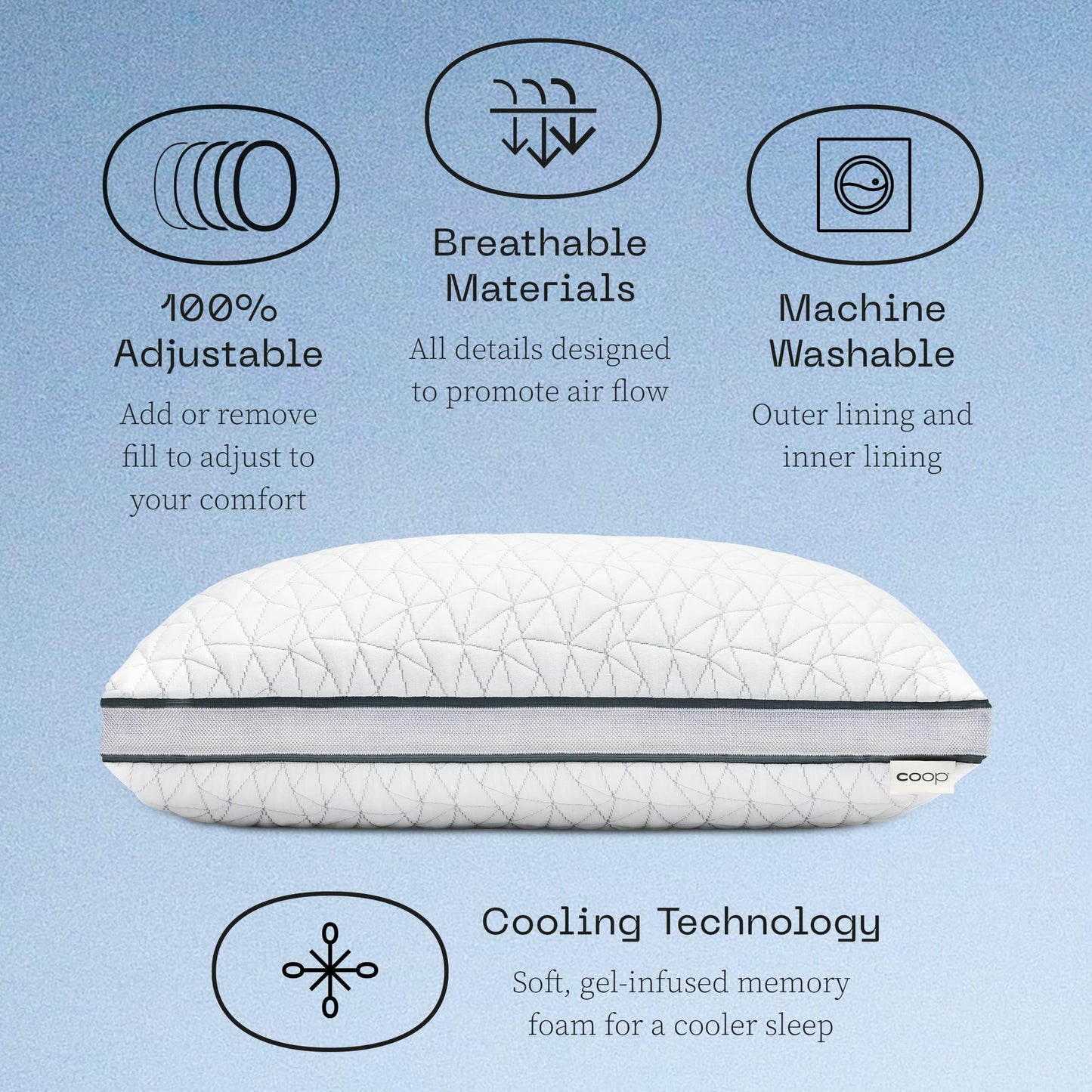 Coop Home Goods Eden Bed Pillow Queen Size for Sleeping on Back, Stomach and Side Sleeper- Medium Soft Memory Foam Cooling Gel - CertiPUR-US/GREENGUARD Gold