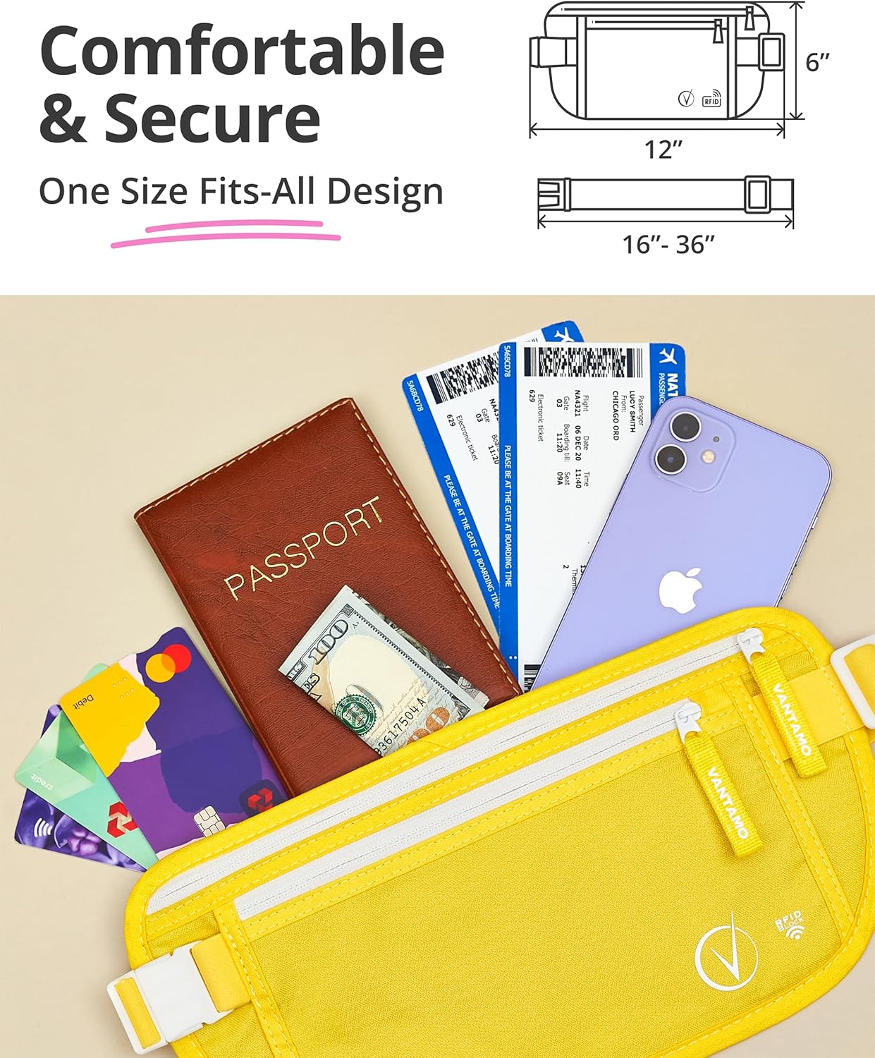 Vantamo Hidden Money Belt For Extra Safety, RFID Ultra-Thin Fanny Pack, 2 Compartment Money Bag Fits Passport & Phone
