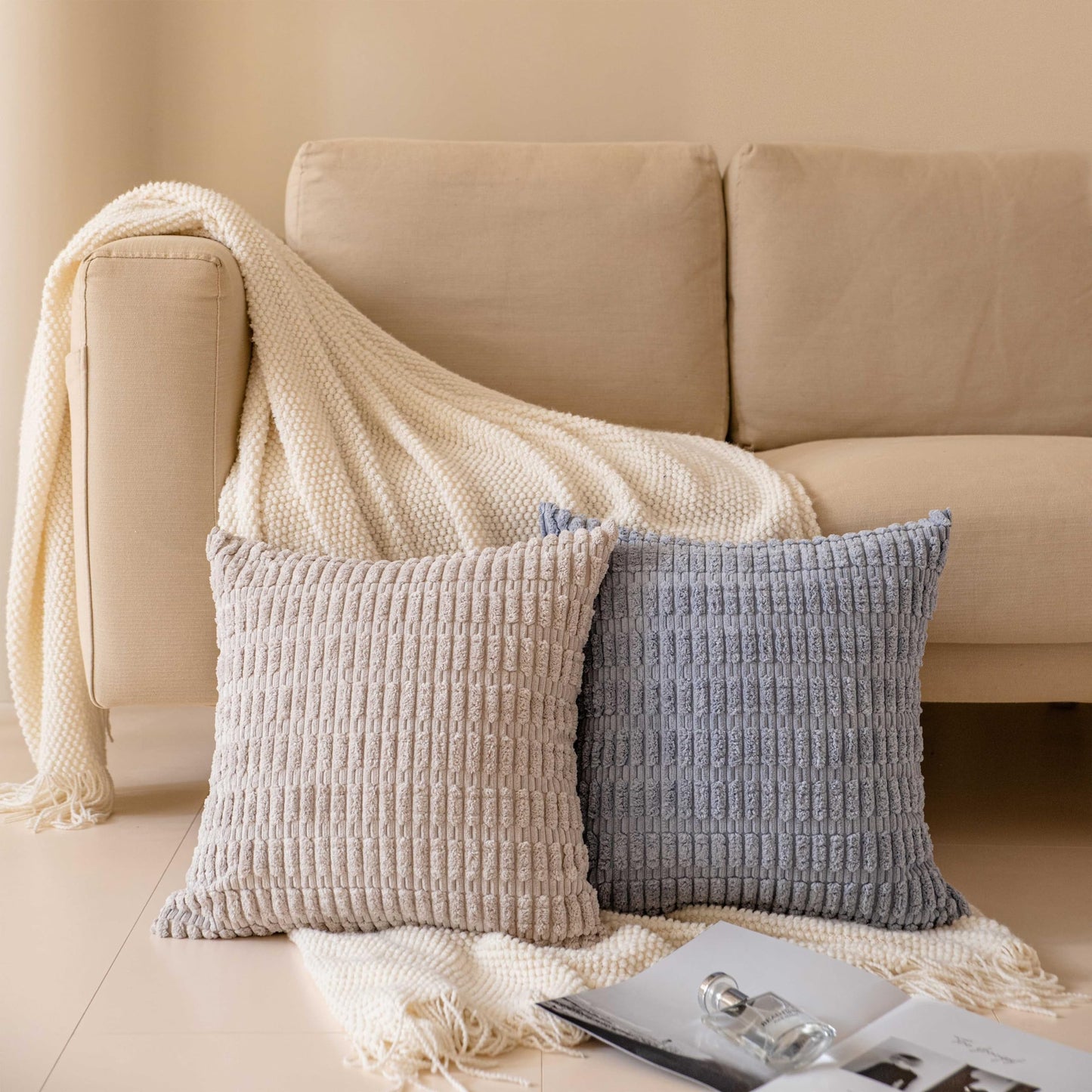 Softalker Throw Pillow Covers 18x18 Inch, Set of 4, Corduroy Soft Striped Farmhouse Boho Pillow Cover, Modern Decorative Cushion Pillow Case for Couch Sofa Bedroom Living Room, Grey/Blue