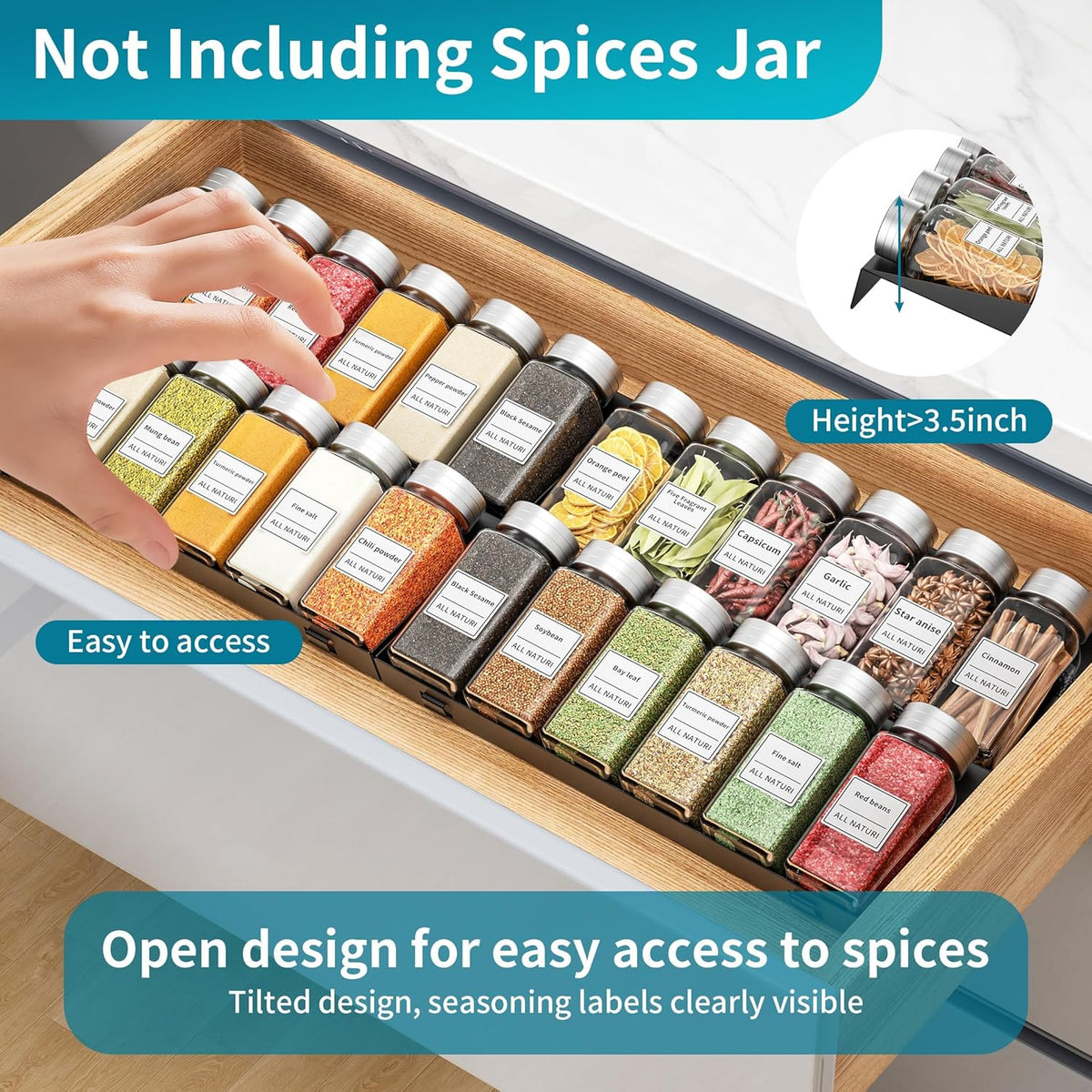 Spice Drawer Organizer, 4 Tier Metal Spice Organizer for Drawer Insert, Spice Organization for Drawer, Kitchen, Countertop, Pantry (Jars Not Included)