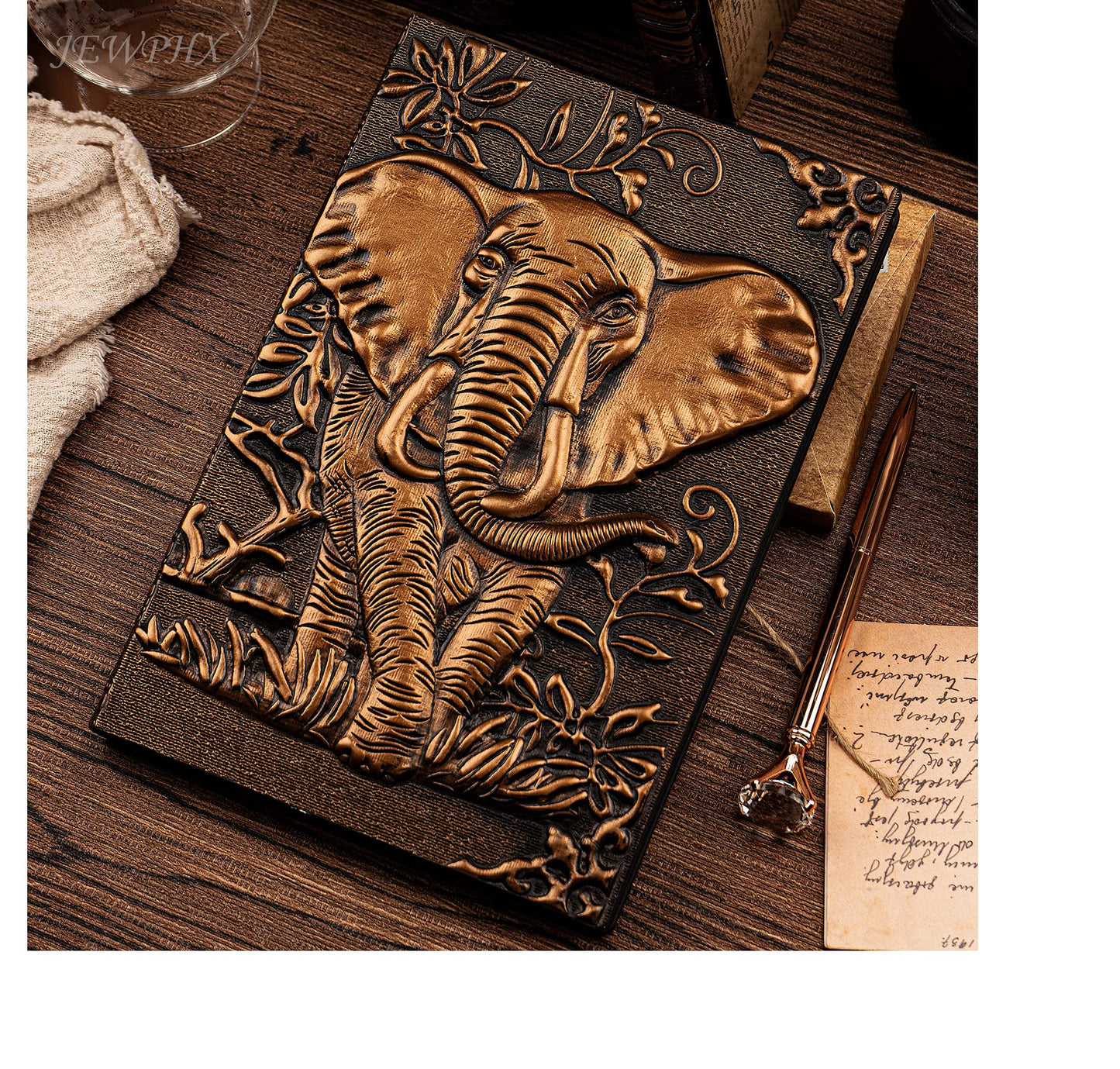 JEWPHX 3D Elephant Vintage Leather Journal Writing Notebook with Pen Set,Antique Handmade Leather Daily Notepad Sketchbook,Travel Diary&Notebooks to Write in,Elephant Journal Gift for Men Women
