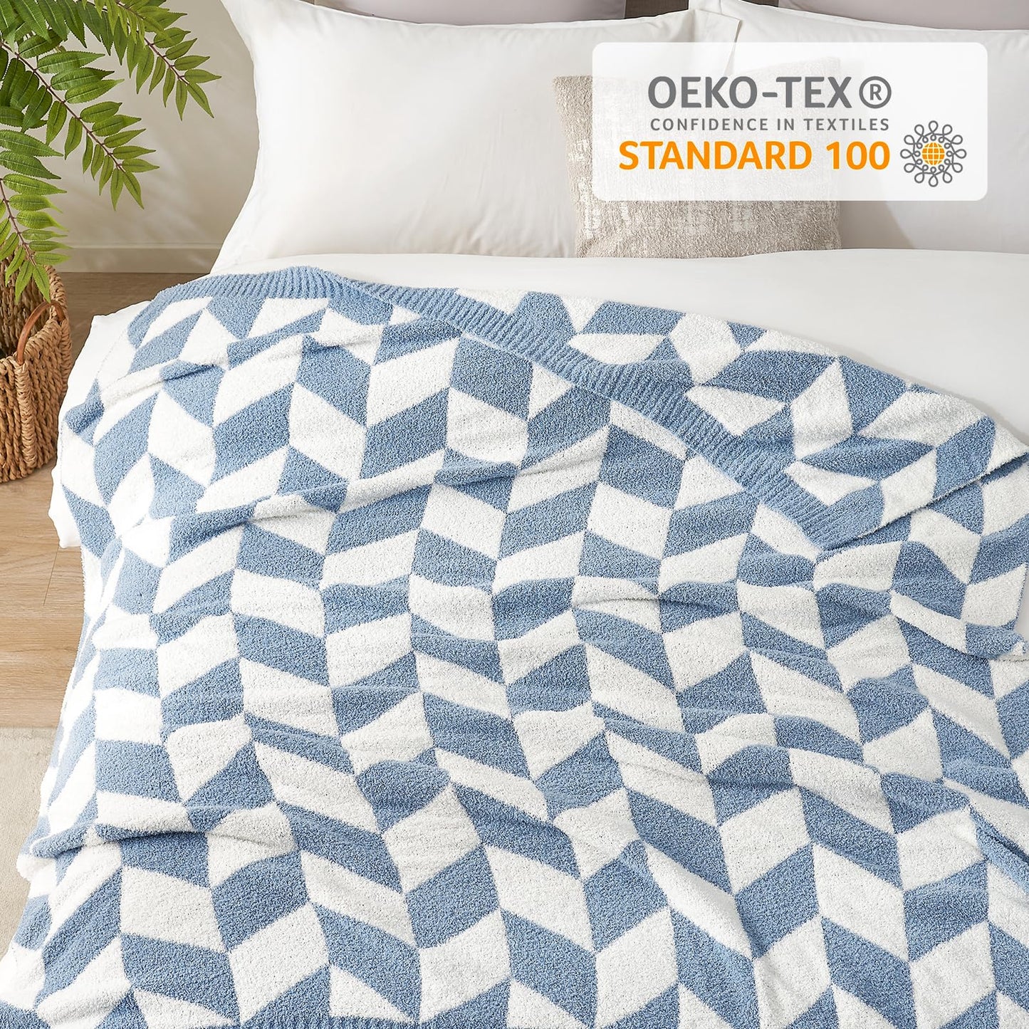 Snuggle Sac Chevron Throw Blanket for Couch, Reversible Super Soft Warm Blankets Cozy Knit Fuzzy Plush Lightweight Throws for Sofa, Bed, Camping, Blue, 50x60 inches