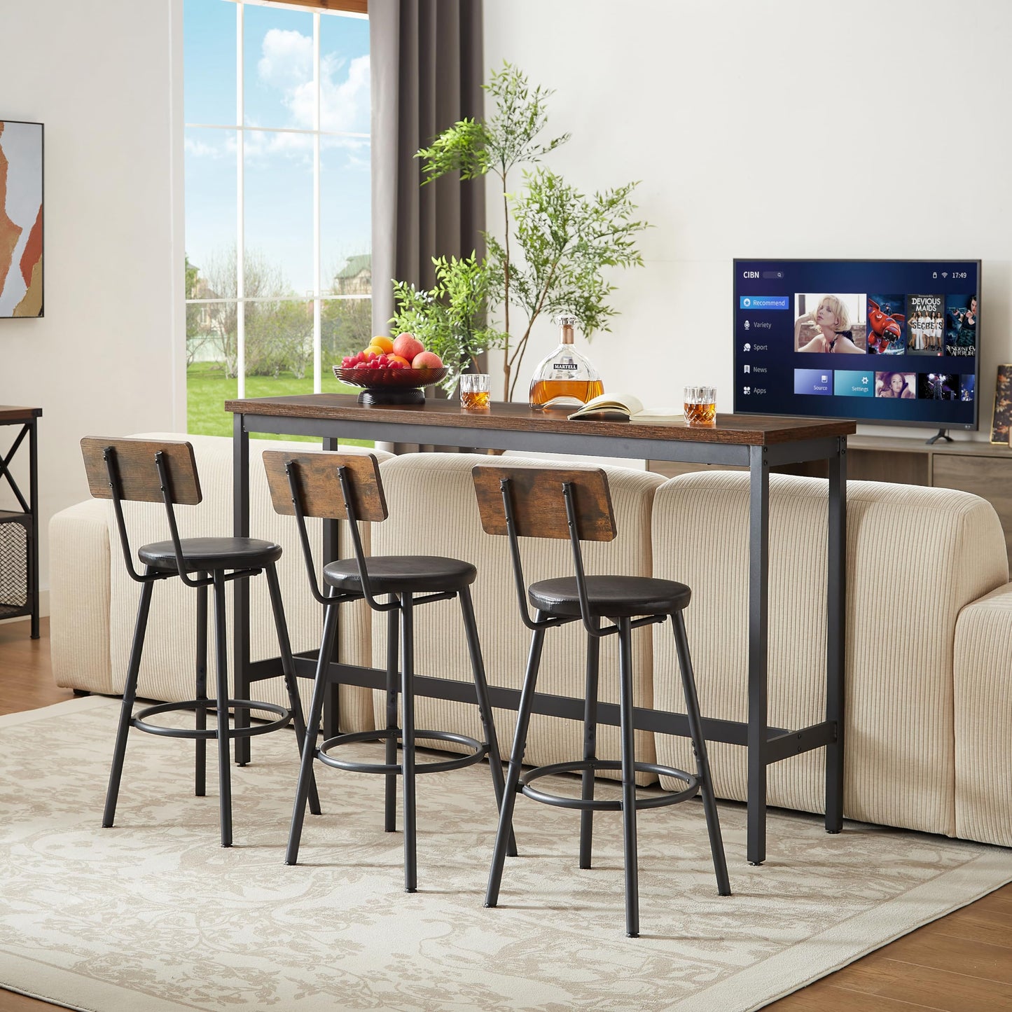 Tmsan 63" L Bar Table and Chairs Set for 3, 4 Piece Long Rectangle Pub Bistro Dining Table Set with 3 PU Upholstered Bar Stools, Counter Height for Kitchen Restaurant