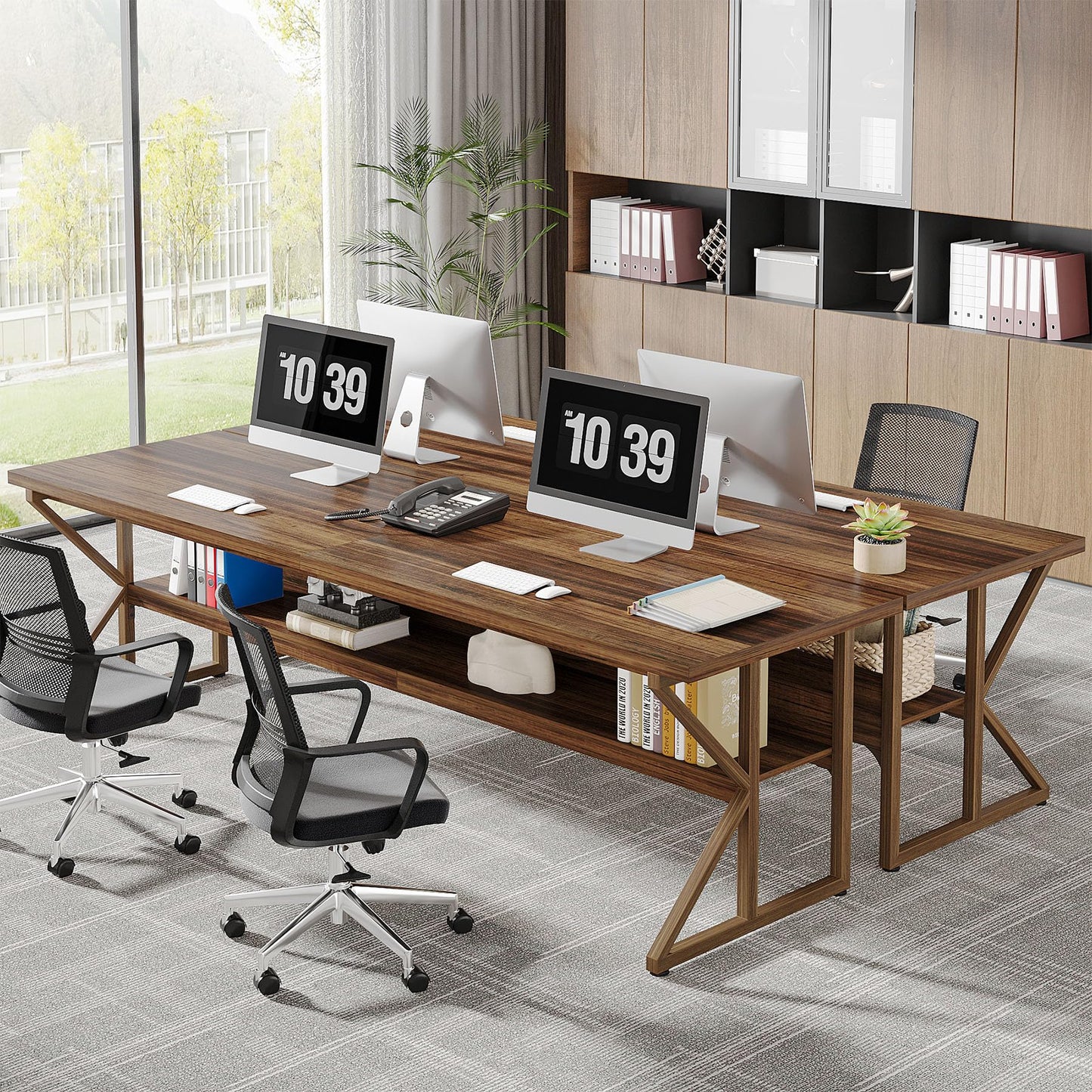 Tribesigns 79-Inch Extra Long Desk, Two Person Desk with Storage Shelf, Large Writing Table for Home Office, Rustic Brown