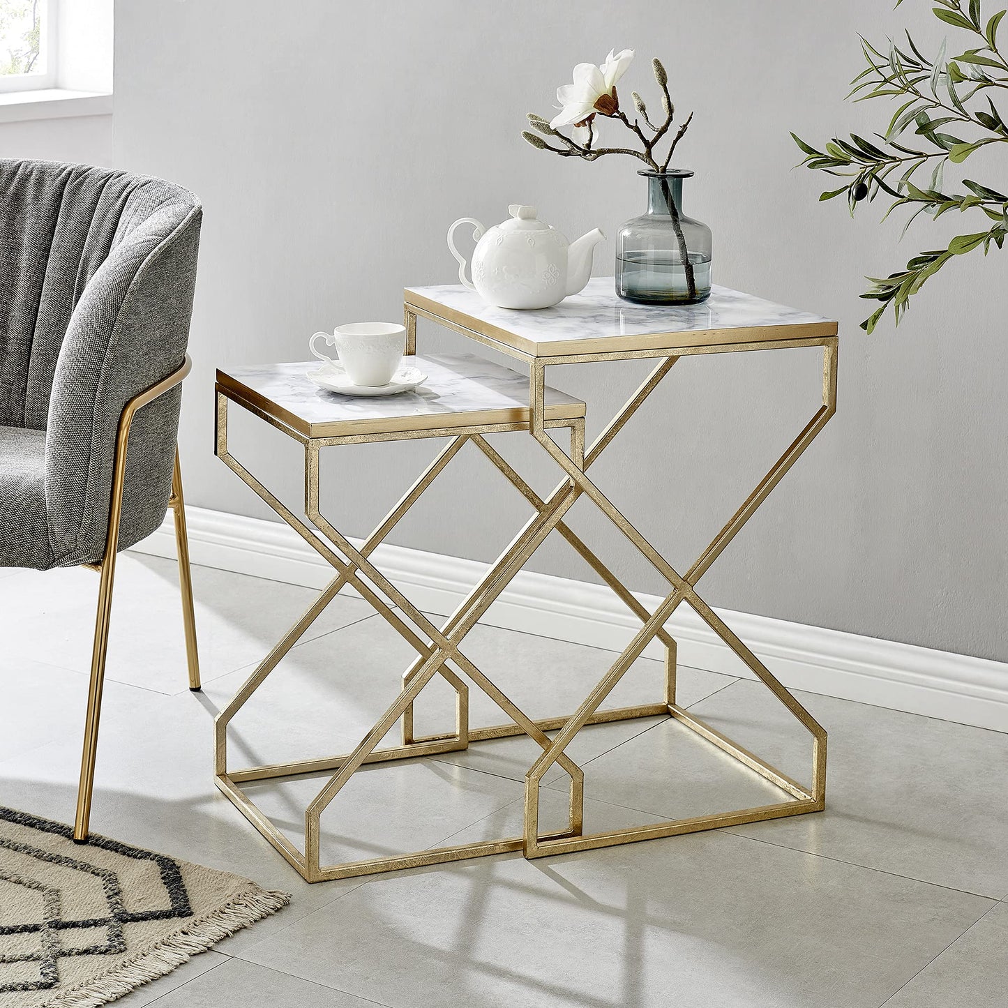 FirsTime & Co. Gold Mackenzie Marbleized Nesting End Table 2-Piece Set, Side Table, Night Stand, Metal and Wood, 15.75 x 15.75 x 23.75 inches