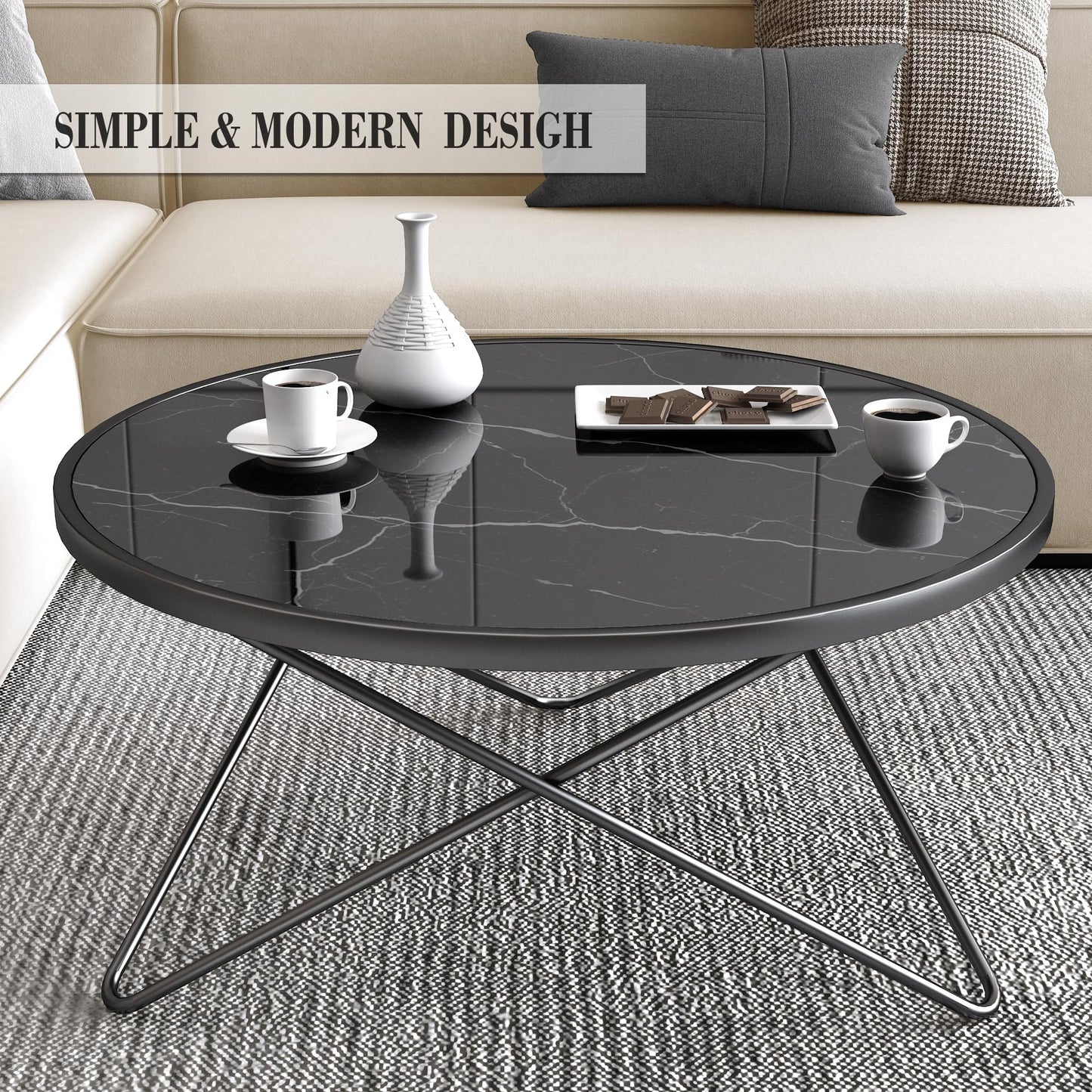 DYZAIMAX Round Coffee Table for Living Room, Bedroom, Balcony - 31.5" x 15.8" Space-Saving Black Marble-Textured Top, Sturdy Metal Frame with Black & Gold Finish | Premium Baked Paint, Easy Assembly