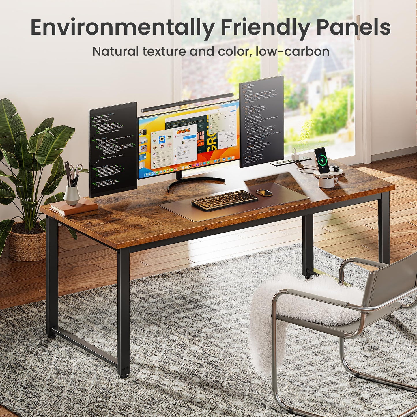 Huuger 55 x 24 inch Desk with Power Outlets & USB-C, Deeper & Thicker Desktop, Robust Metal Tubes, Computer Desk, Heavy Duty Office Desk, Work Gaming Desk for Home Office, Rustic Brown