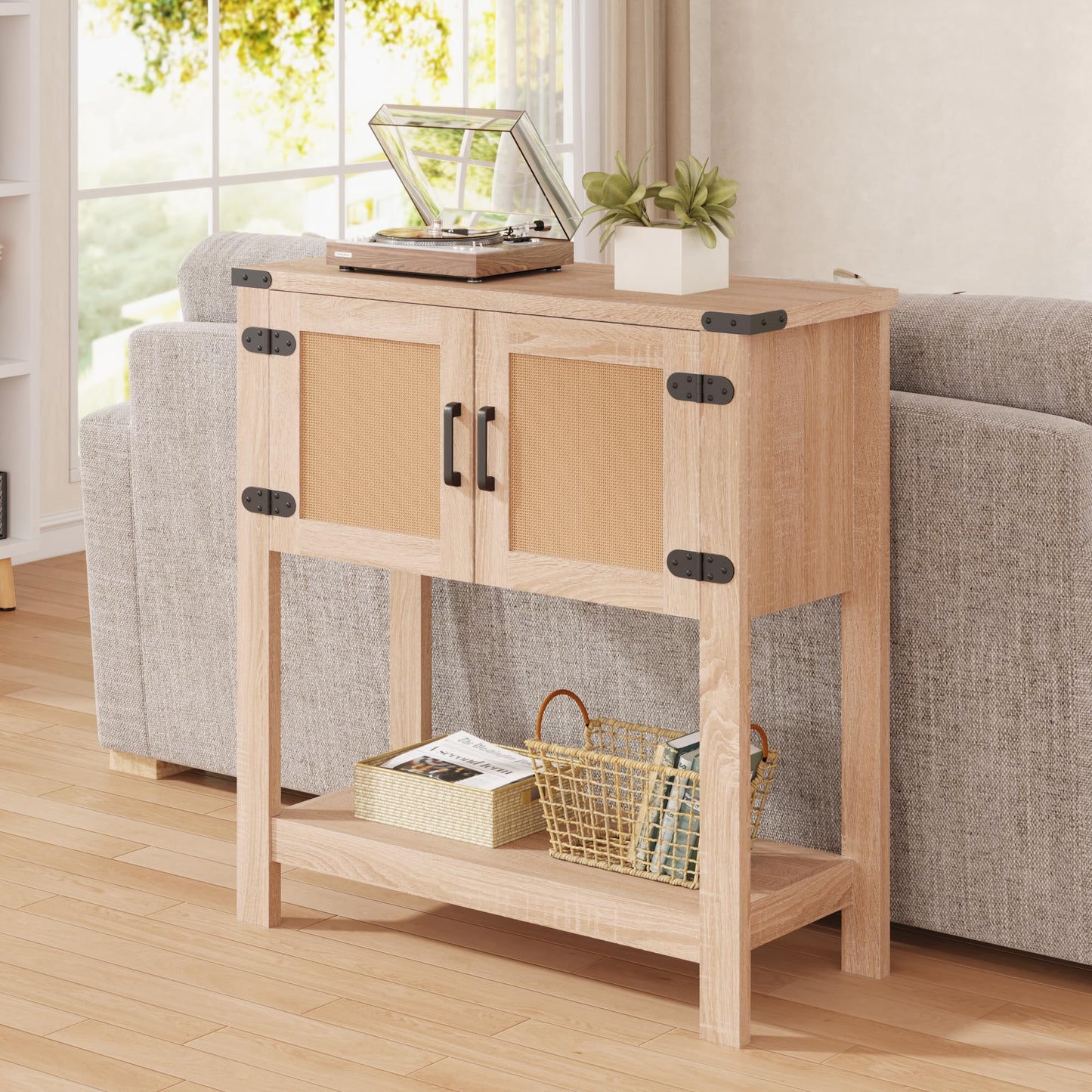 MELLCOM Console Table with Rattan Doors, Farmhouse Entryway Table with Storage Cabinet, Wood Hallway Desk with Open Storage Shelf for Living Room, Bedroom & Office