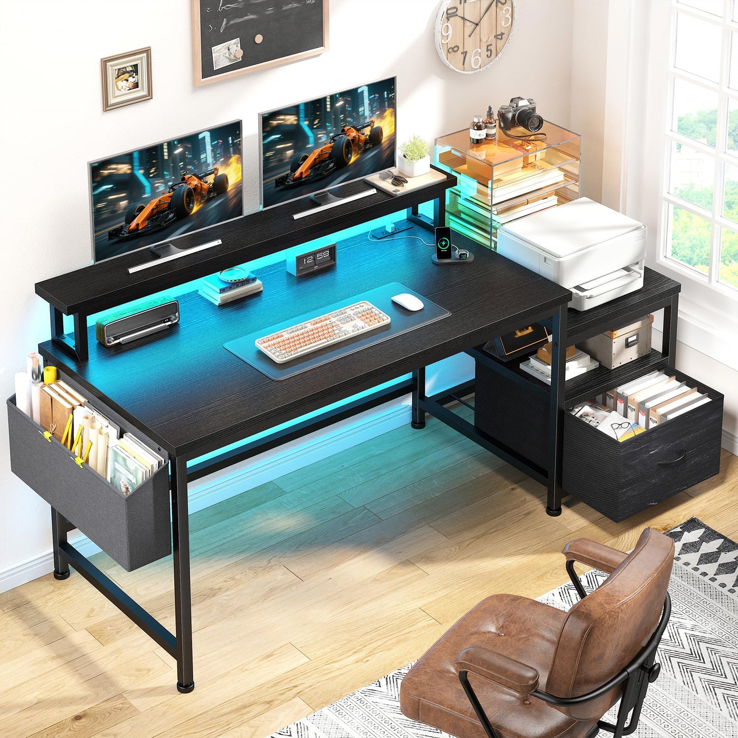 DurayLoly Computer Desk with Power Outlets and LED Lights,57" Home Office Desks with Drawers and Printer Space,Office Desk with File Drawers Cabinet,Gaming Table with Shelves Monitor Stand,Black