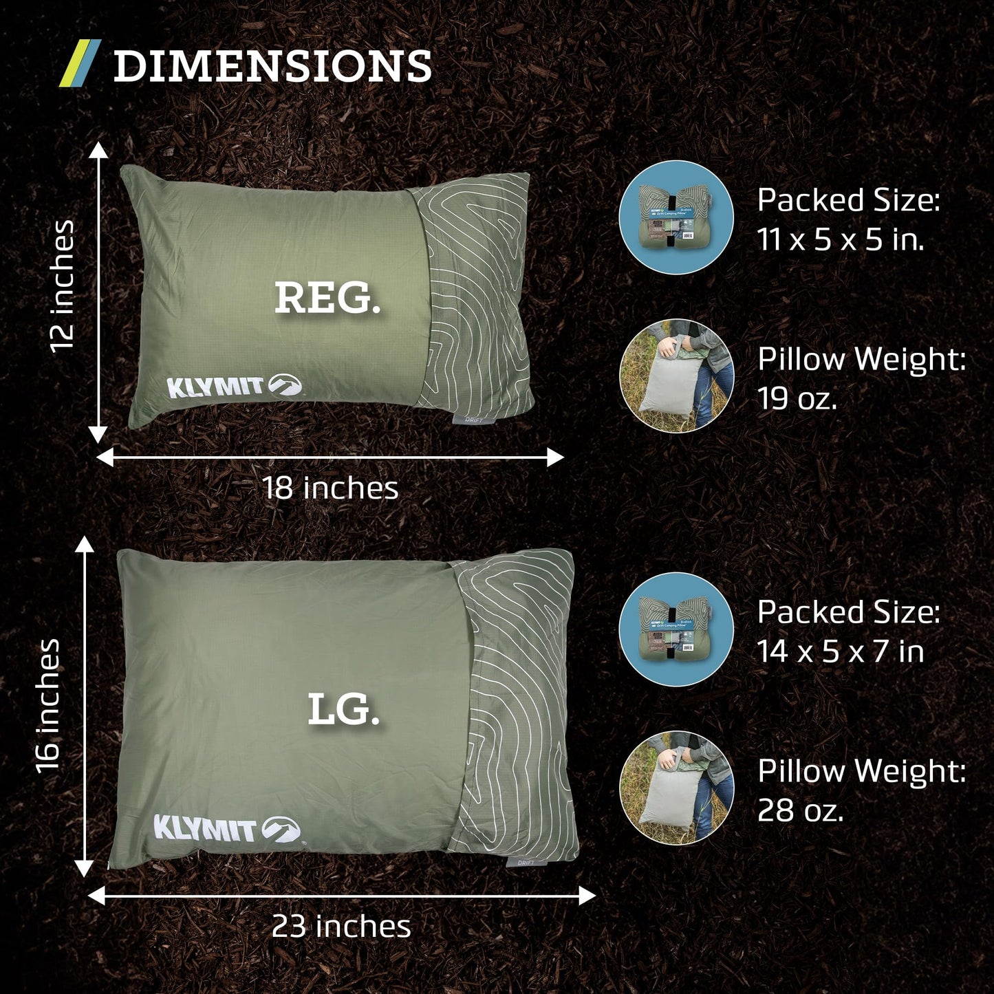 Klymit Drift Camping Pillow, Shredded Memory Foam Travel Pillow with Reversible Cover for Outdoor Use, Green, Regular