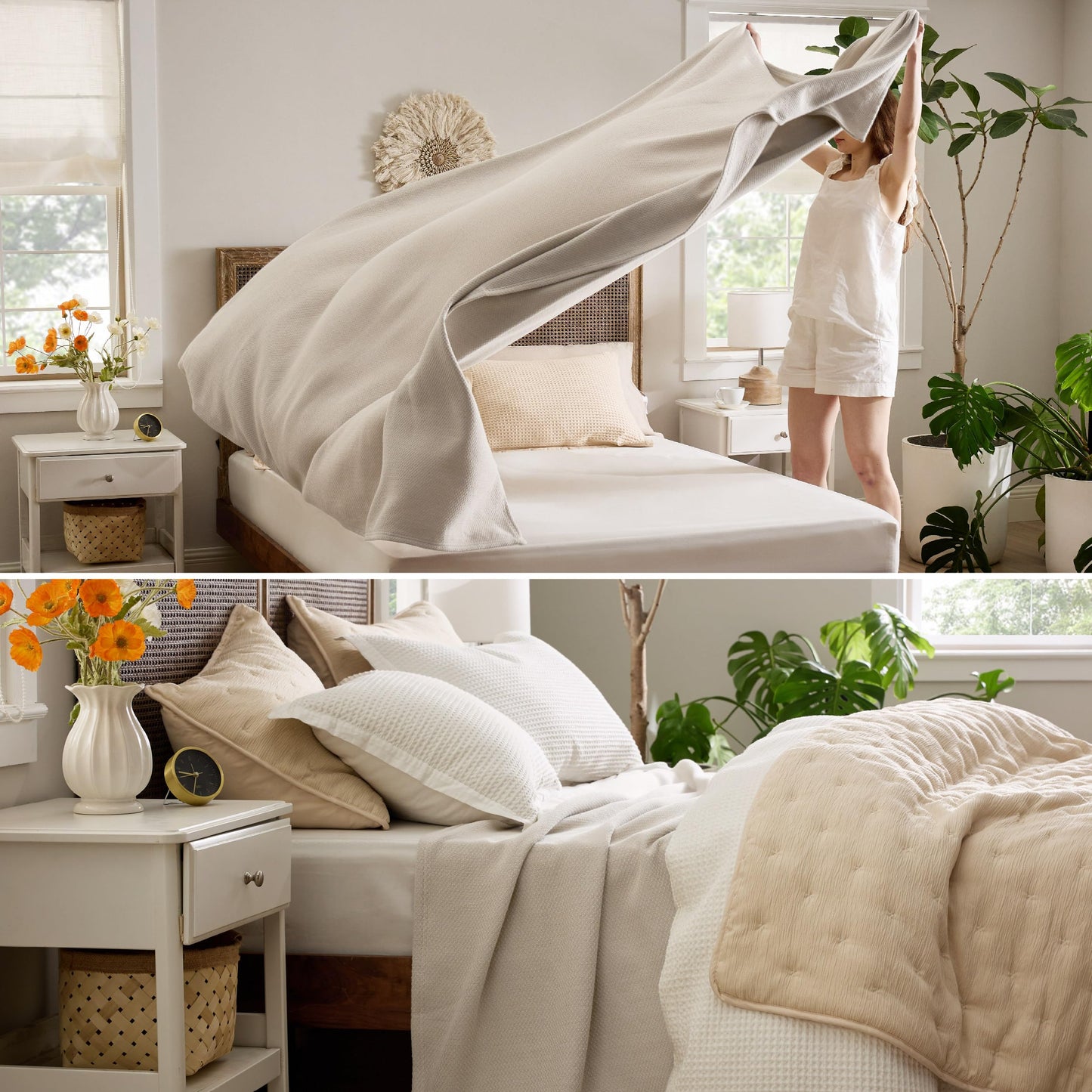 Bedsure 100% Cotton Blanket Queen Size for Bed - Breathable and Lightweight, Soft Cozy Textured Herringbone Woven Blanket for Summer, Linen Beige, 90x90 inches