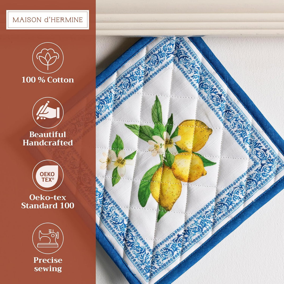 Maison d' Hermine Pot Holders Set 100% Cotton Heat Resistant Potholders 8" x 8" Hot Pads with Loop BBQ, Cooking, Baking, Grilling, Kitchen, Handling Hot Pans Spring/Summer (Pack of 2, Cedrat)