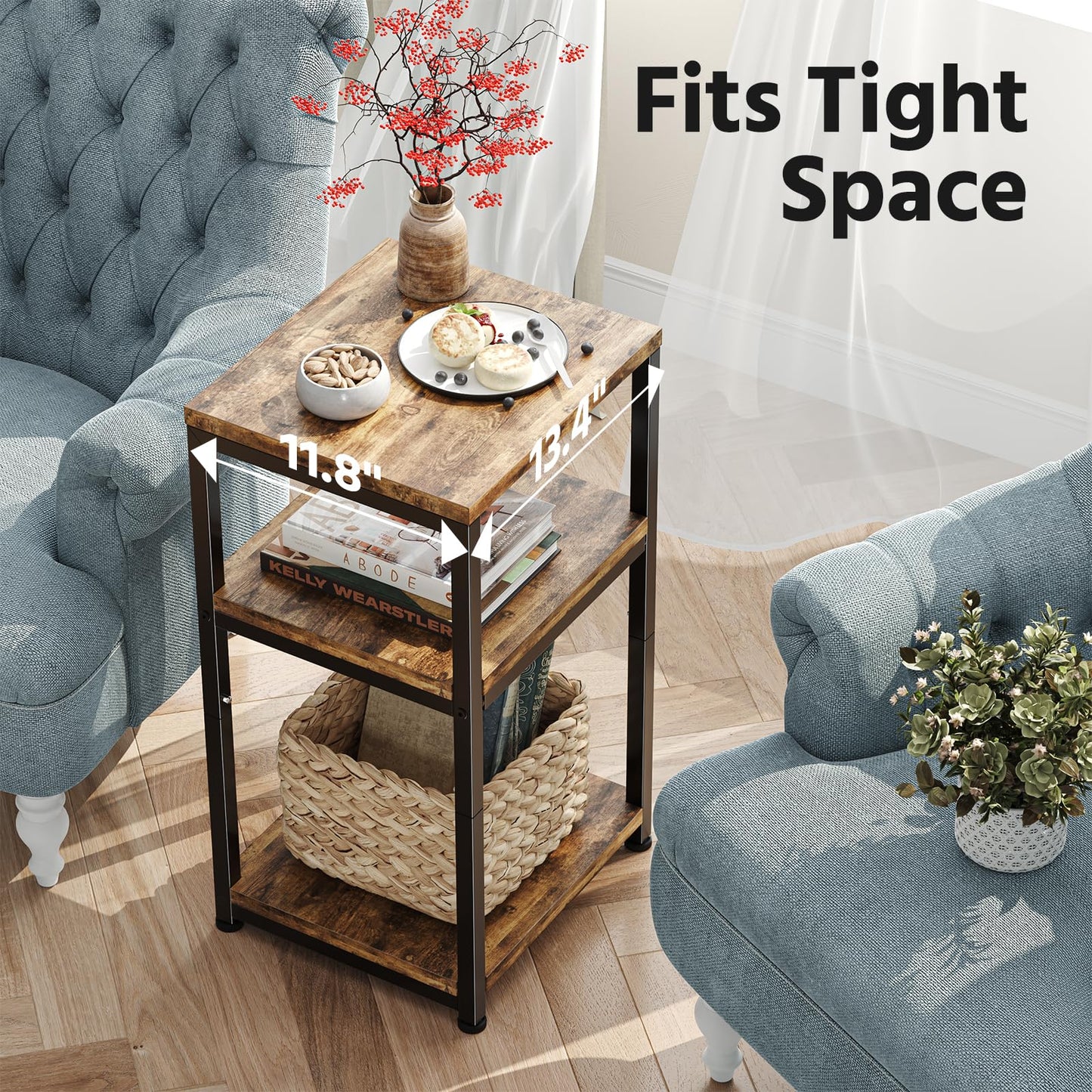 Simple Trending 3 Tier End Table, Side Table Sofa Couch Table, Tall Night Stand Storage Shelf for Living Room, Rustic Brown