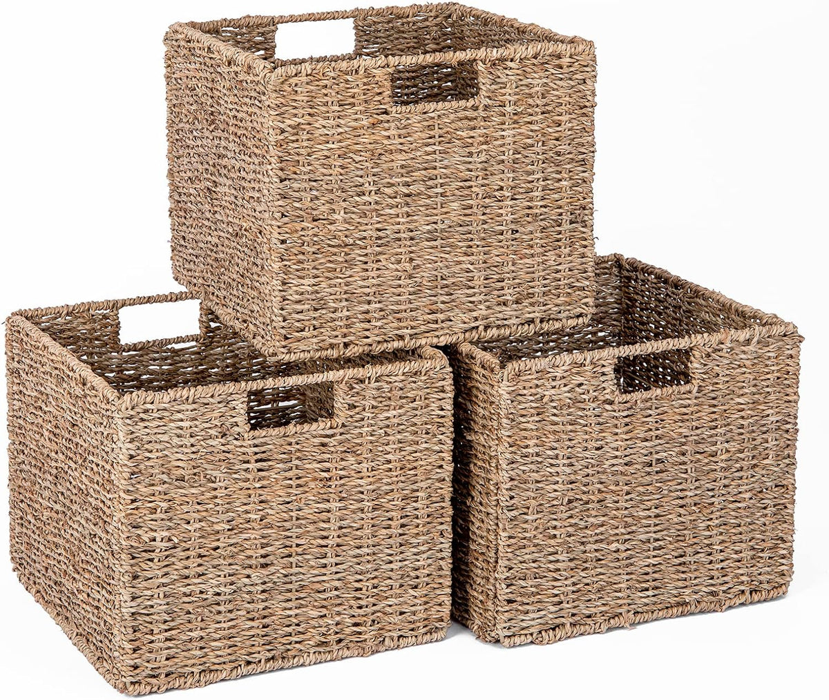 Seagrass Storage Baskets, 12X12X10in Cube Wicker Storage Basket for Shelves, Pantry Baskets Organization and Storage, Kitchen Storage Baskets, Bathroom Shelves Storage Basket Set of 3