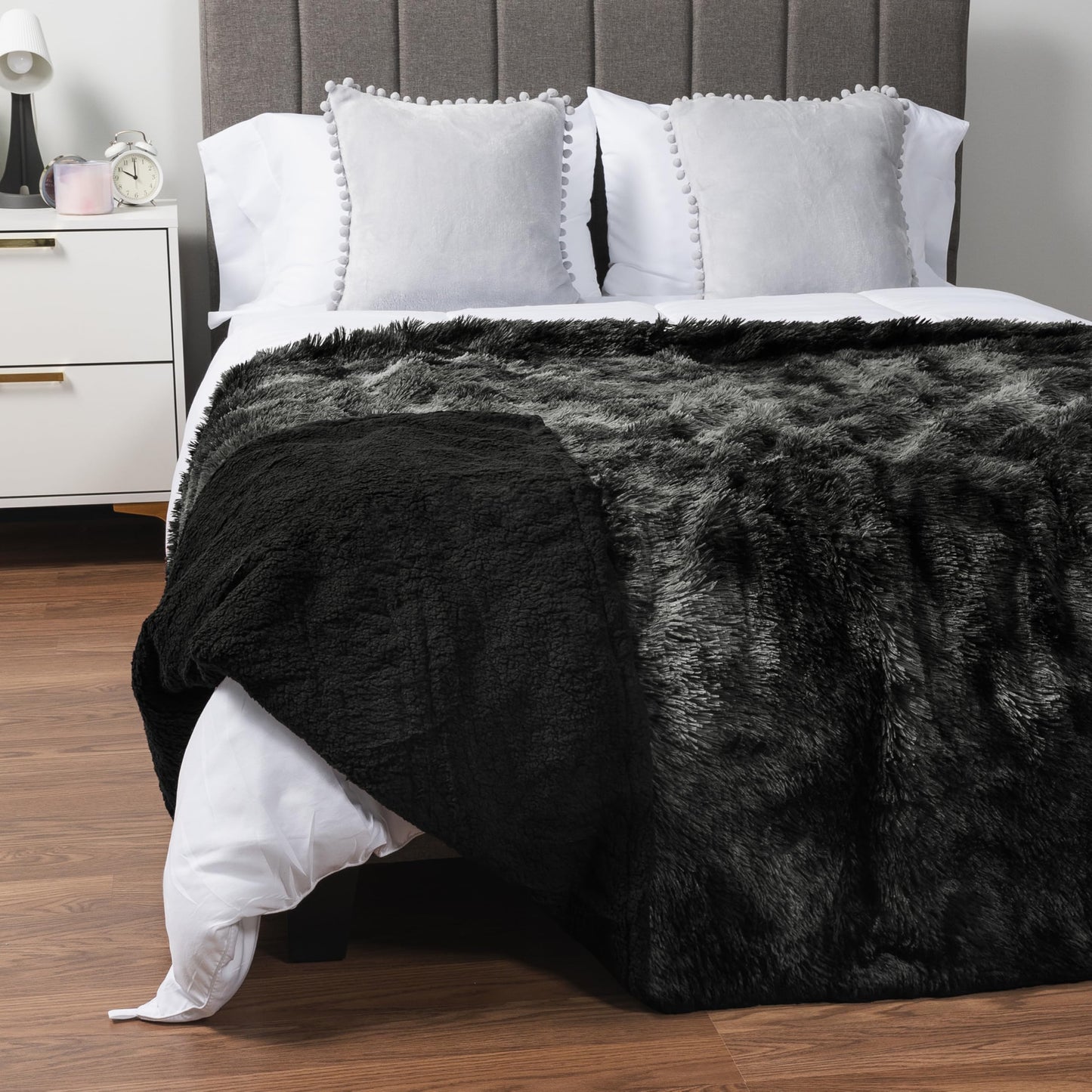 Pavilia Black Fluffy Bed Blanket, Queen Size, Fuzzy Plush Warm Large Blanket for Couch Sofa, Super Soft Thick Faux Fur Sherpa, Tie-Dye, 90x90