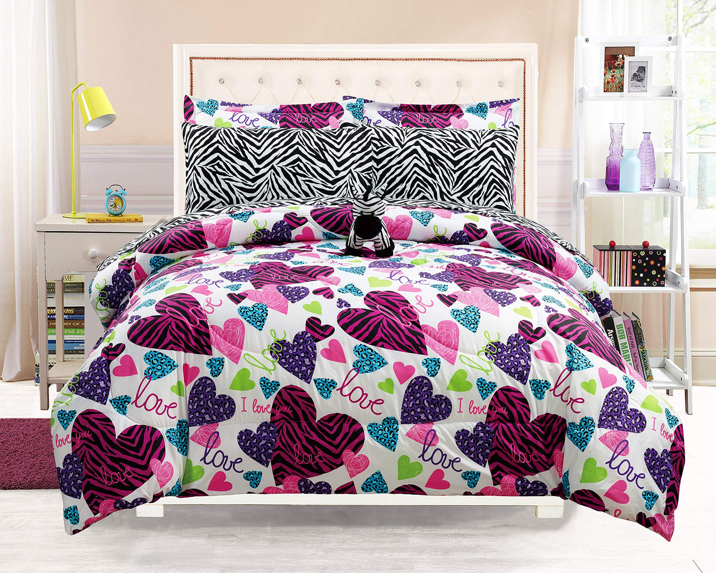 Grand Linen – 7-Piece Girls Queen Size Kids Bedding-Misty Zebra Tween Teen Dream Bed in A Bag. Comforter Set, Sheet Set and Plush Zebra Pillow Included-Love, Hearts-Hot Pink, Purple, Black and White