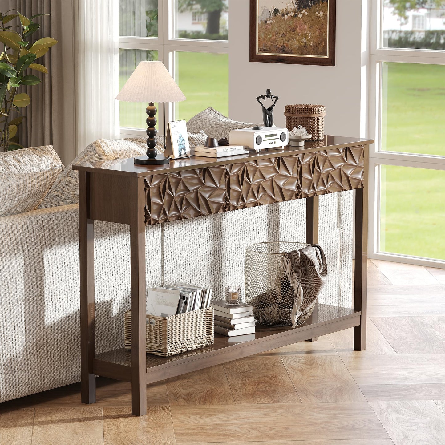 EVEVMINM 51 Inch Modern Console Table Farmhouse Entryway Table with 3 Drawers Narrow Wood Entry Way Table with Open Storage Shelf Long Sofa Table Behind Couch for Hallway, Foyer, Living Room, Walnut