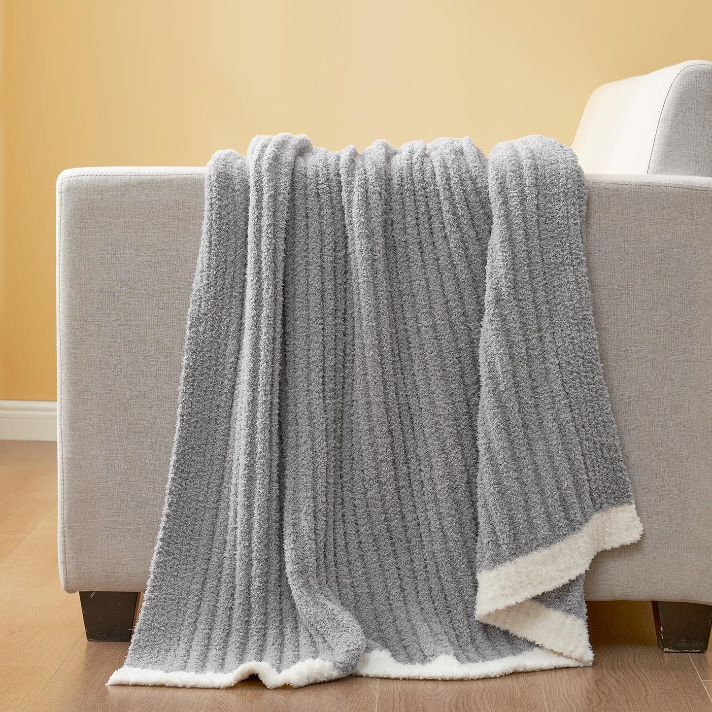 Snuggle Sac Soft Ribbed Throw Blanket for Couch, Microfiber Fluffy Knit Throws, Luxurious Fuzzy Blankets for Couch, Sofa, Travel, Grey, 50x60 inches