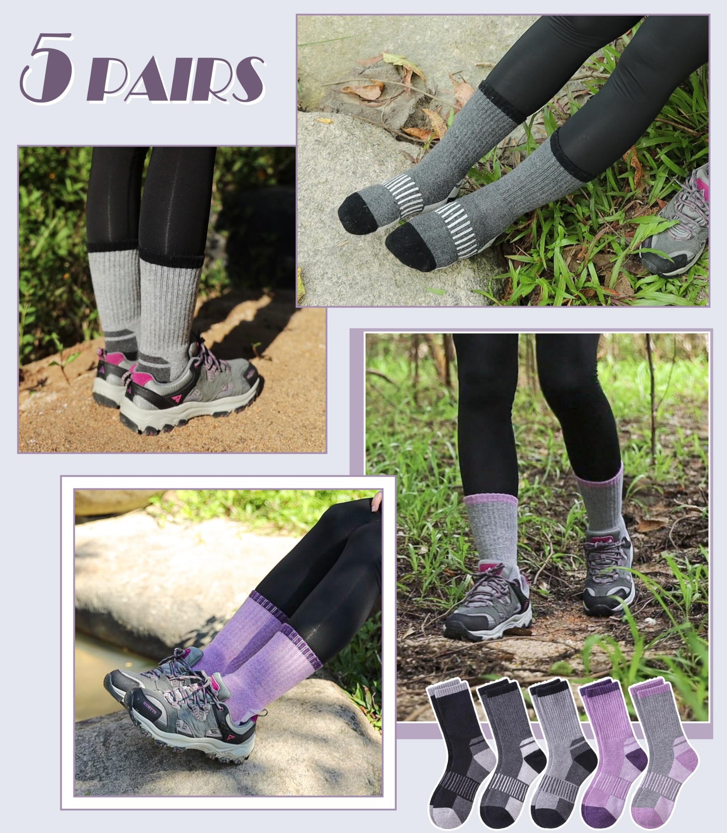 DYW Women's Merino Wool Hiking Socks - Thermal Warm Winter Boot Crew Socks (5 Pairs Color Mix A, Medium)