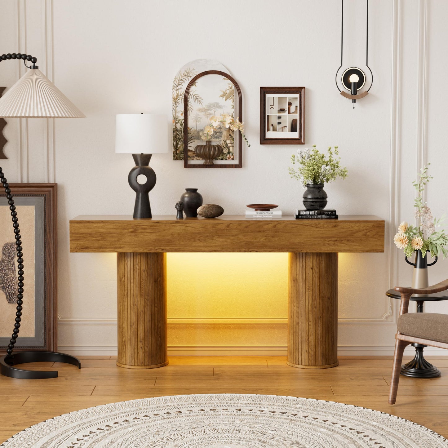CASANOOKK 63-Inch Long Farmhouse Console Table,Wood Entryway Table with LED Light,Narrow Sofa Table Behind The Couch,Multiple Lighting Modes Adjustable,for Living Rooms,Entryway,Hallway,Rustic Brown