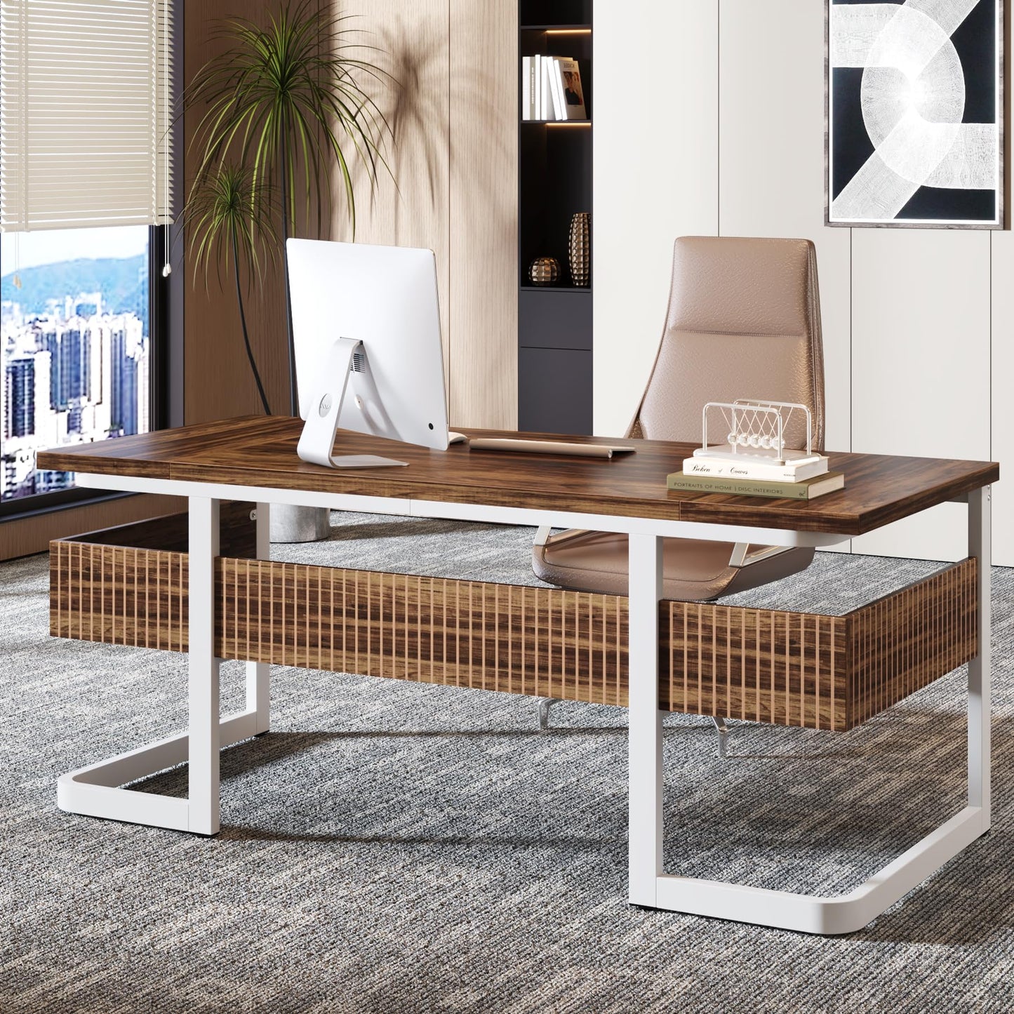 Tribesigns 63" Executive Desk with Bottom Shelves, Large Office Computer Desk, Modern Simple Workstation Business Furniture for Home Office (Walnut & White)