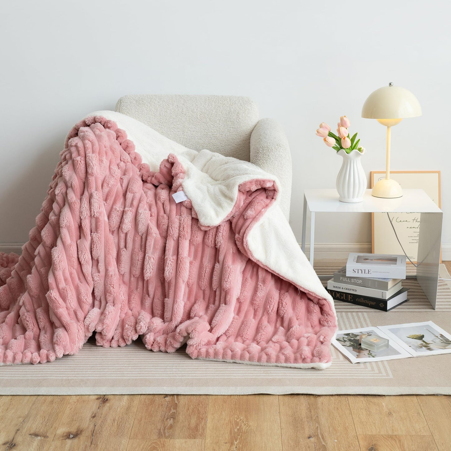 UKELER Sherpa Fleece Blanket 50 × 60 inch Fuzzy Soft Bed Blanket 610 GSM Thick Striped Throw Blanket for Couch Sofa Bed Office Camping, Pink