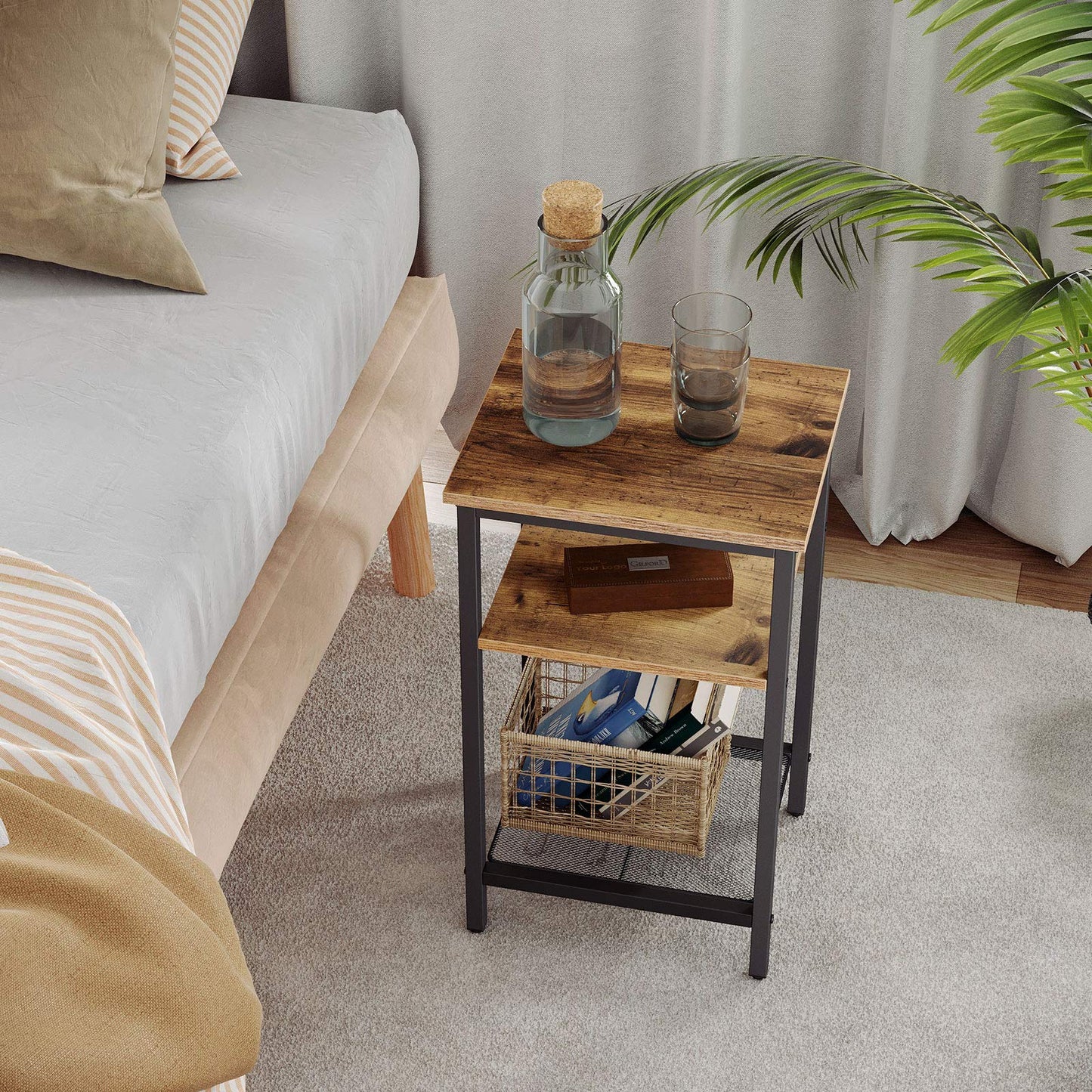 VASAGLE End Table Set of 2, 3-Tier Nightstands, Side Table for Small Space in Living Room, Bedroom, Steel Frame, Easy Assembly, 2-Pack, Chestnut Brown