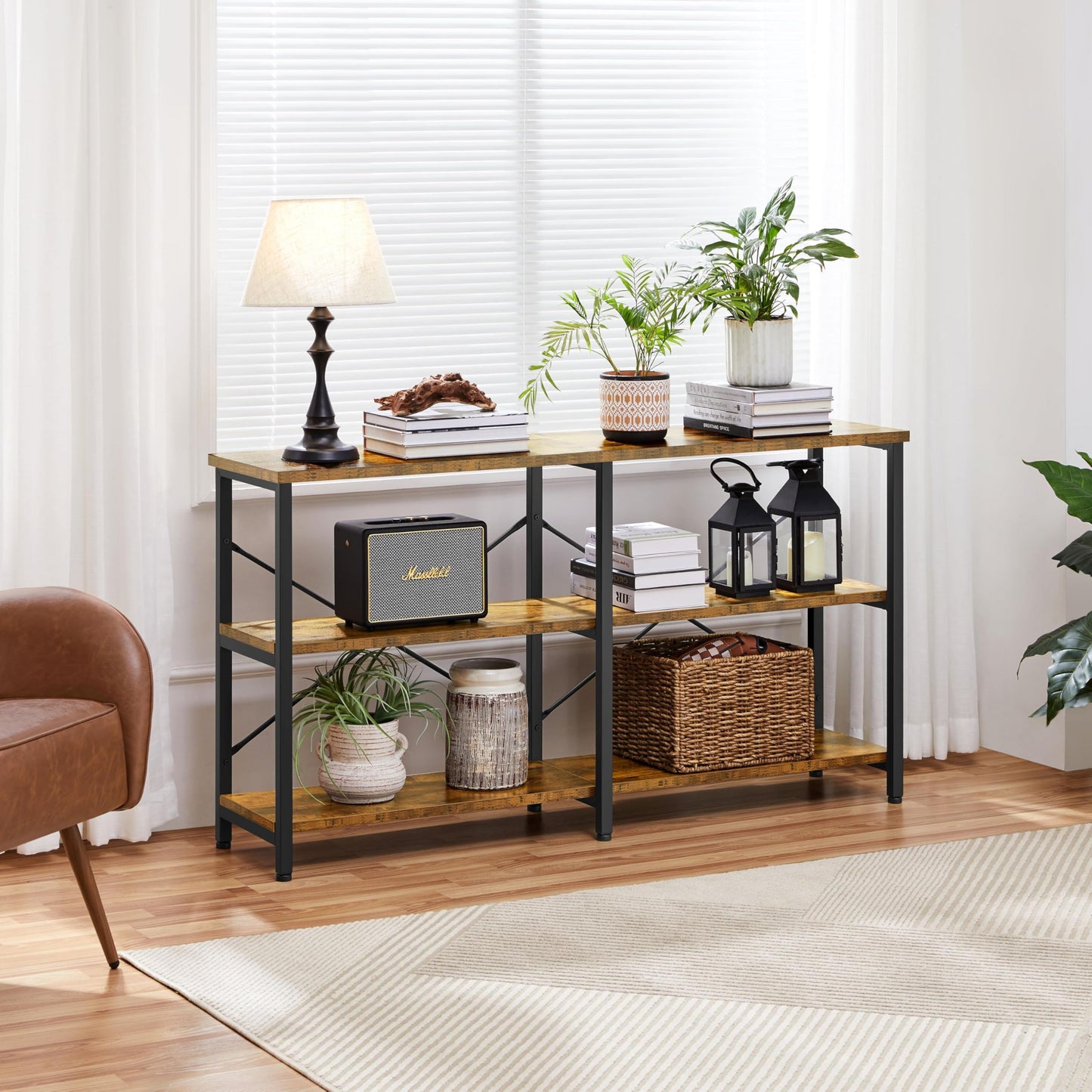 Yaheetech 55 Inch Console Table, Industrial Entryway Table with 3-Tier Storage Shelves, Sofa Tables Narrow Long for Living Room, Entryway, Hallway, Foyer, Metal Frame, Rustic Brown