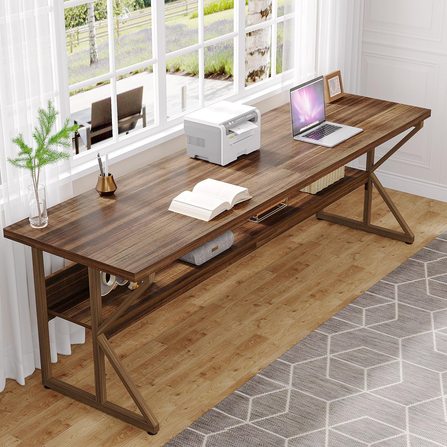 Tribesigns 79-Inch Extra Long Desk, Two Person Desk with Storage Shelf, Large Writing Table for Home Office, Rustic Brown