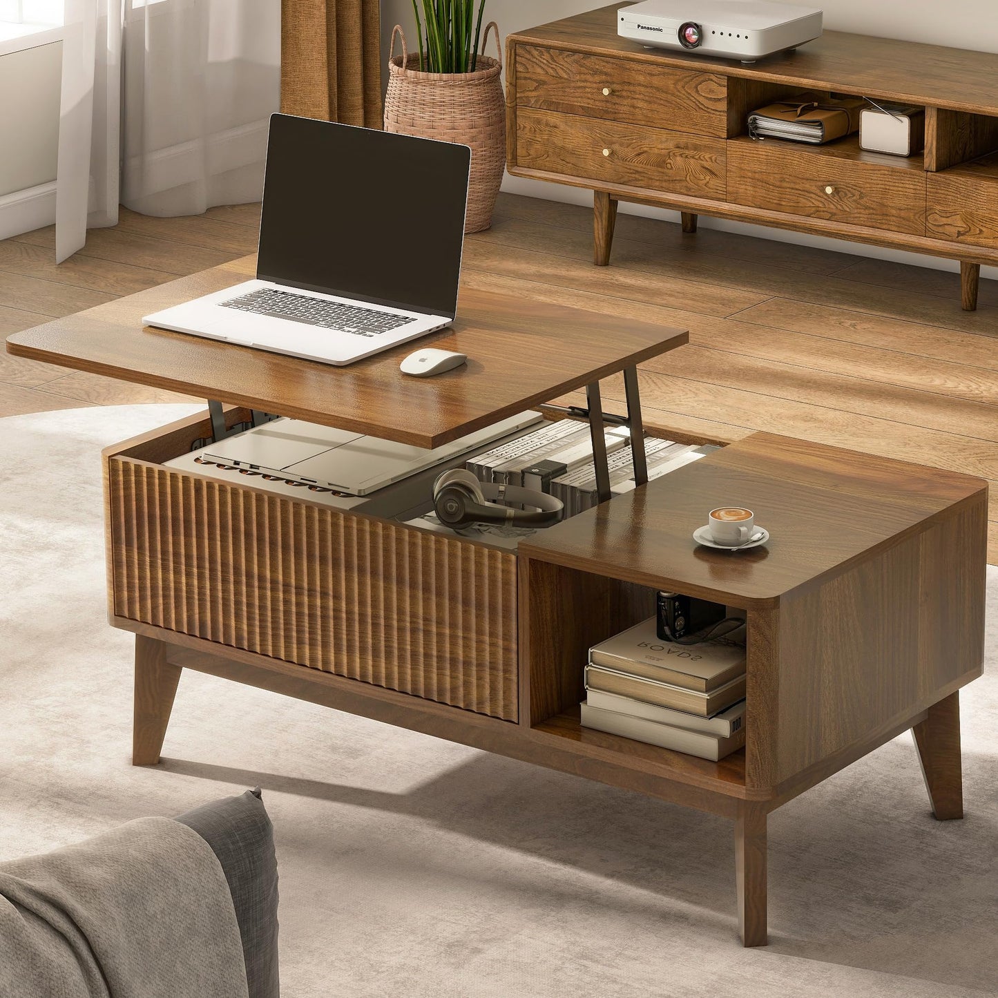 LYNCOHOME Fluted Coffee Table with Hidden Compartment, Wood Lift Top Coffee Tables, Modern Center Table for Living Room, Home Office（Walnut）