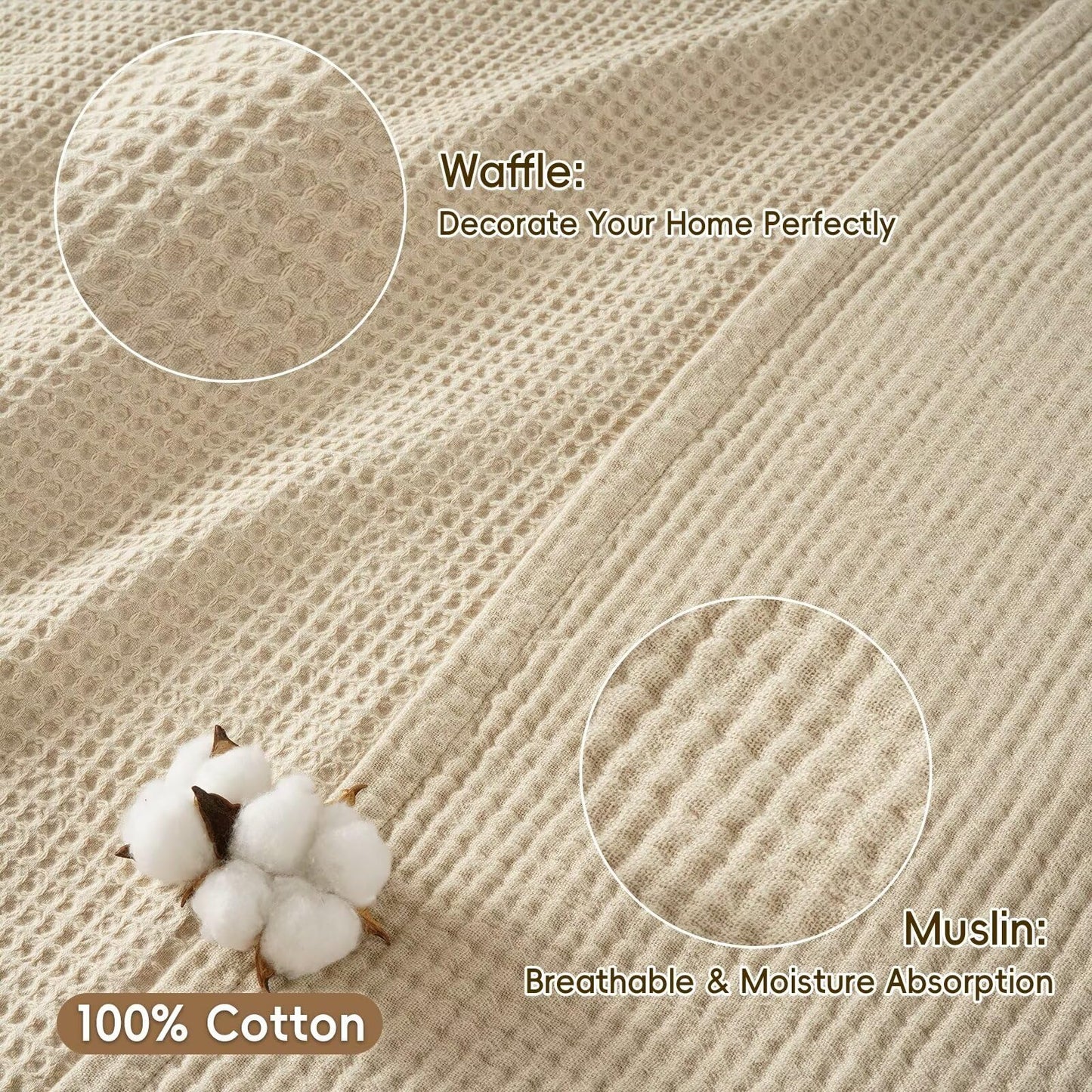 PHF 100% Cotton Waffle Muslin Blanket Queen Size, 90" x 90" Lightweight and Breathable Washed Cotton Blanket, Aesthetic Soft Muslin Waffle Bedding for Sofa Bed Home Decor, Oak
