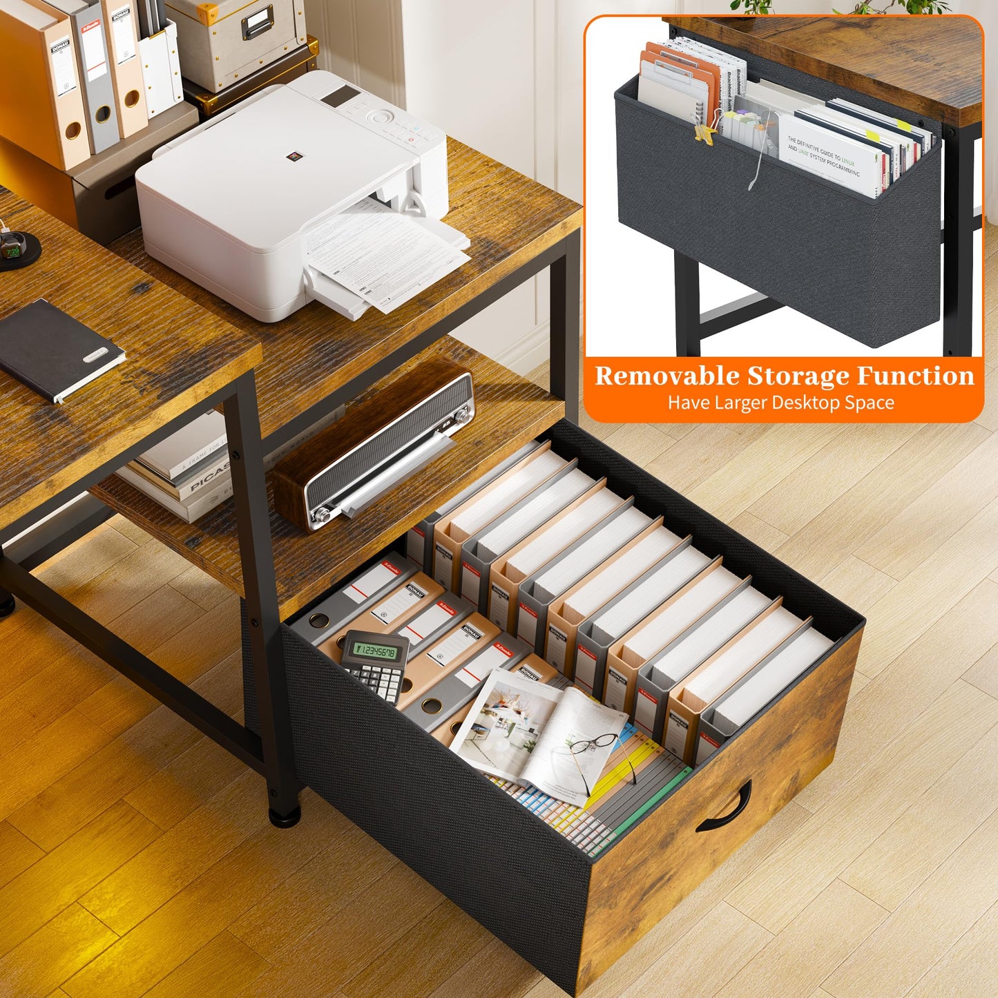 EnHomee 57" Computer Desk with Drawers and Printer Space,Office Desk with Power Outlets,Home Office Desks with File Drawers Cabinet,Study and Gaming Desk with Shelves Monitor Stand,Rustic Brown