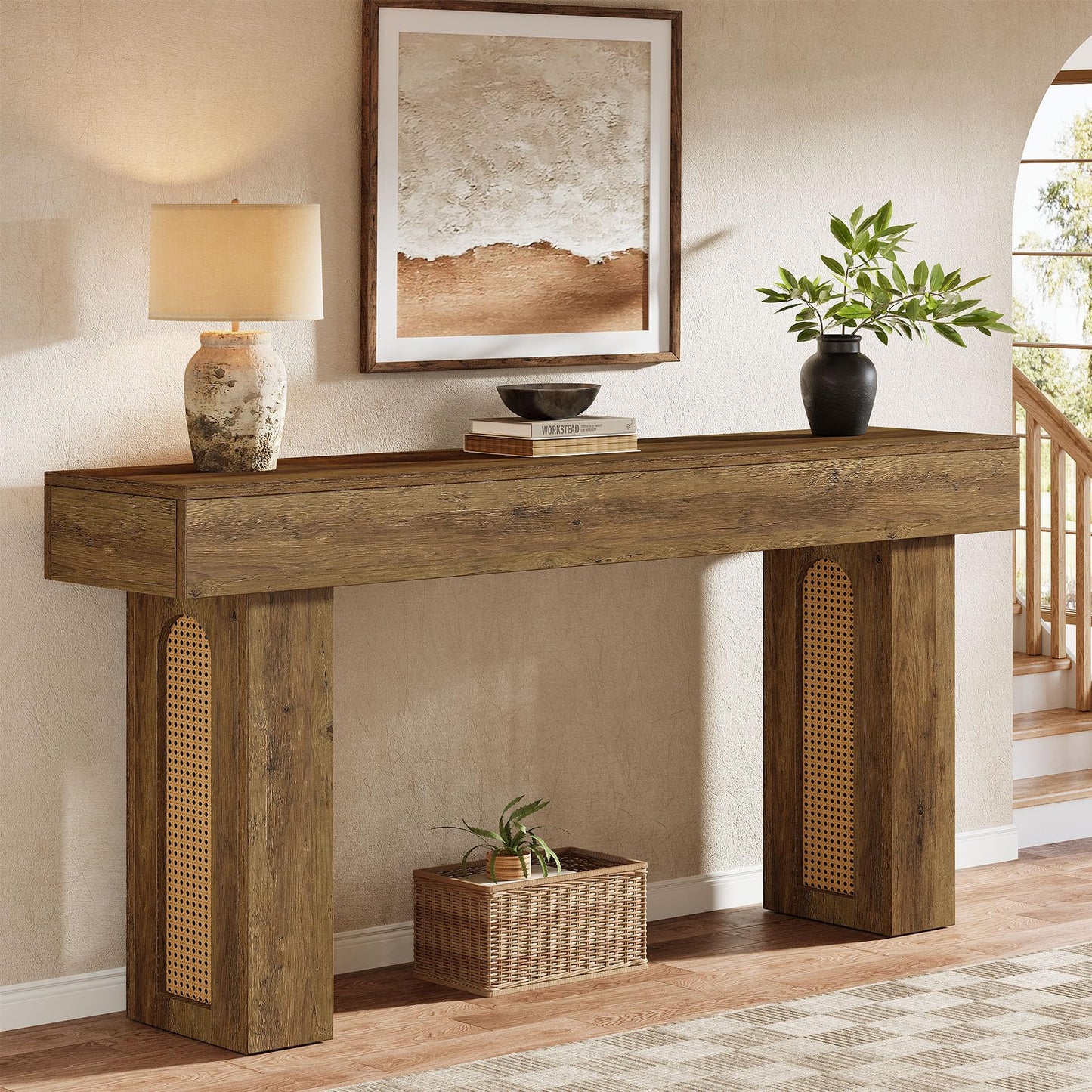 Tribesigns 63" Console Table for Entryway, Rattan Entry Table Behind The Sofa, Farmhouse Accent Console for Hallway, Living Room