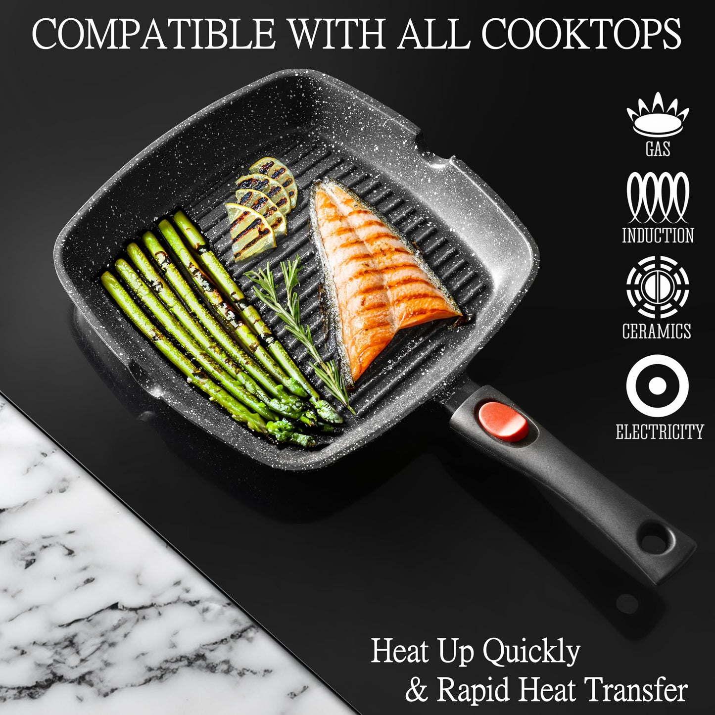 Moss & Stone Square Grill Pan for Indoor Cooking, 11-Inch Nonstick Griddle Skillet with Removable Handle, RV Die-Cast Aluminum Stove Top Grill Pan for Meats & Vegetables, Detachable Handle