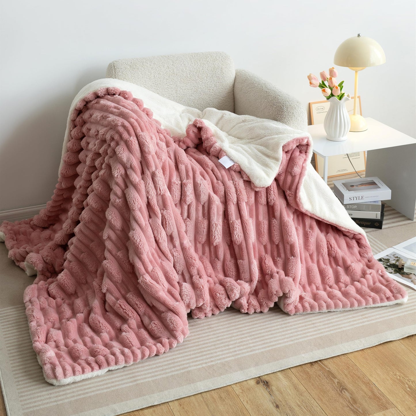 UKELER Sherpa Fleece Blanket 50 × 60 inch Fuzzy Soft Bed Blanket 610 GSM Thick Striped Throw Blanket for Couch Sofa Bed Office Camping, Pink