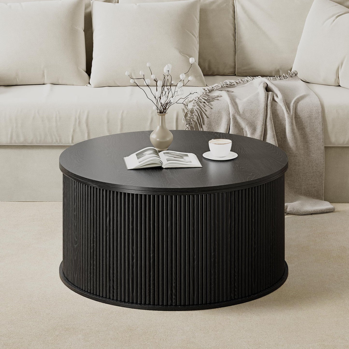 NVETHM Round Coffee Table, Lift Top Coffee Table with Storage, Farmhouse Fluted Center Table Circle Dining Table for Living Room, Reception Room, Home Office (Black)