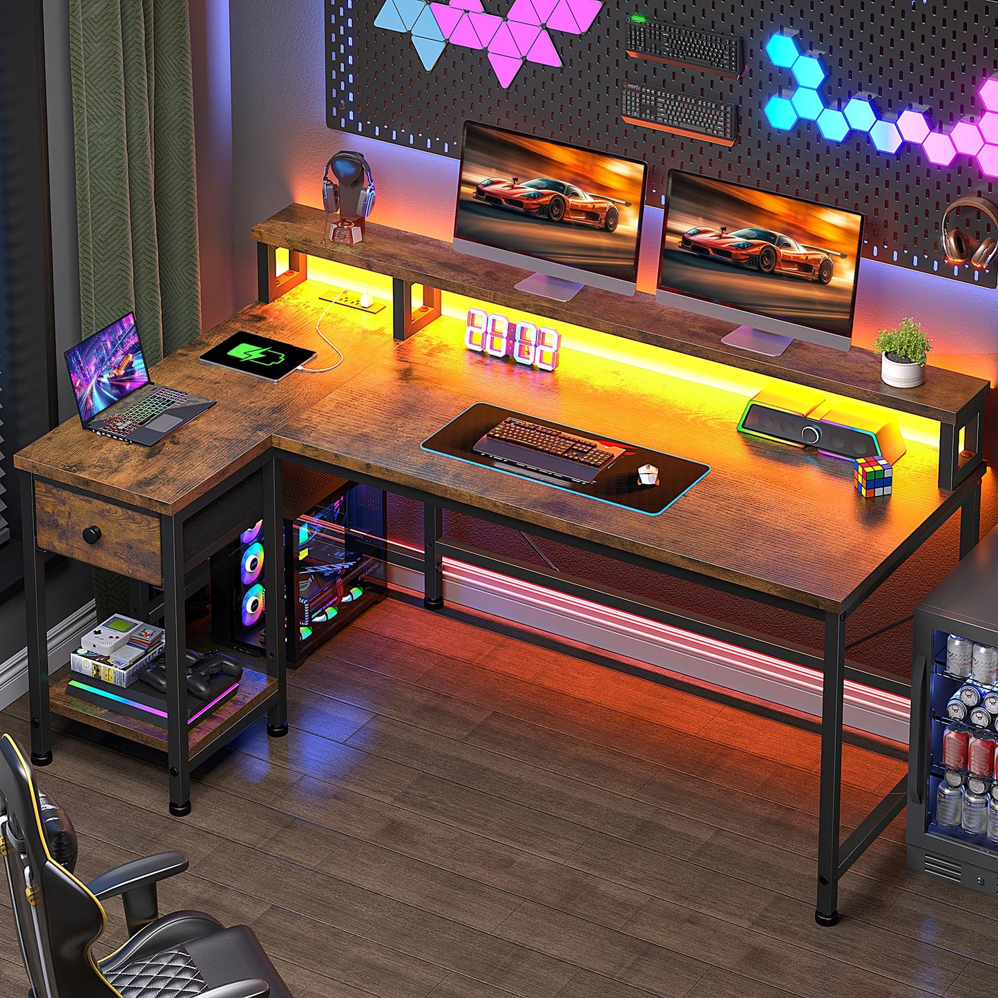 DurayLoly Gaming Desk with LED & Power Outlet, 48" L Shaped Small Computer Desk with Drawers Reversible Corner Desks with Monitor Stand Office Desks for Gaming Room,Home Office,Bedroom,Rustic Brown