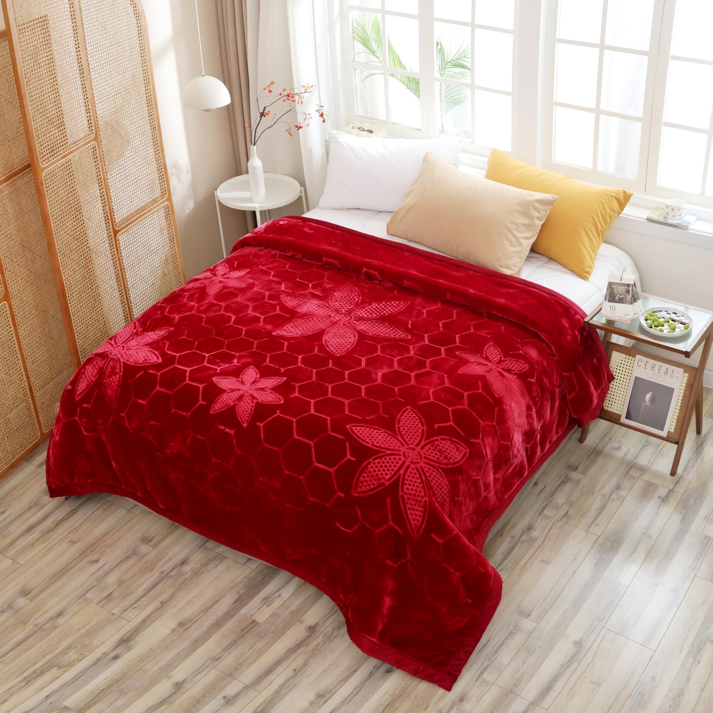 Hiyoko 11.5lbs Heavy 2Ply Embossed Blanket Reversible - Thick Warm Korean Mink No-Lints, Valentine’s San Marcos Fleece Blanket, Mexican Blankets for Adults 85" x 95" Burgundy/Lavender