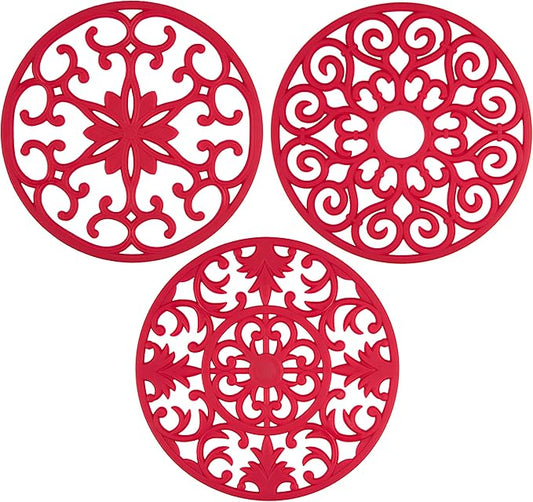 GASARÉ, Extra Large, Thick, 10" Silicone Trivets for Hot Dishes, Pots, and Pans, Hot Pads for Countertops, Flexible, Dishwasher Safe, 10 x ¼ Inches, Set of 3, Red