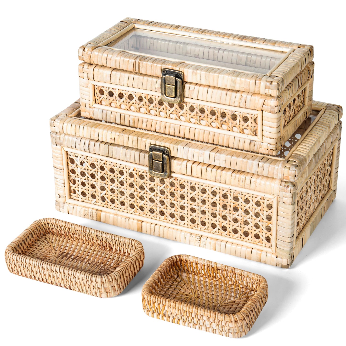 Rattan Display Boxes with Glass Lids - Rectangular Decorative Storage Box for Shelf - Set of 2 Woven Wicker Boho Cane Decor Organizers - 2 Removable Rattan Storage Trays