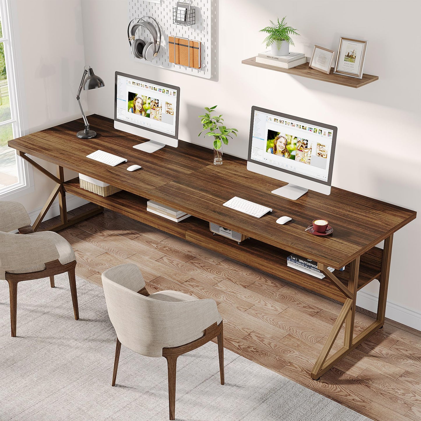 Tribesigns 79-Inch Extra Long Desk, Two Person Desk with Storage Shelf, Large Writing Table for Home Office, Rustic Brown
