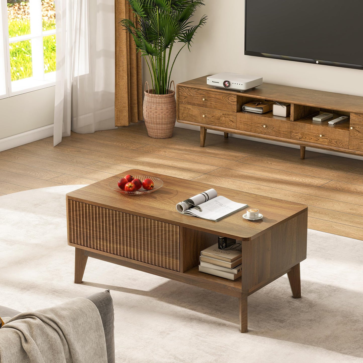 LYNCOHOME Fluted Coffee Table with Hidden Compartment, Wood Lift Top Coffee Tables, Modern Center Table for Living Room, Home Office（Walnut）