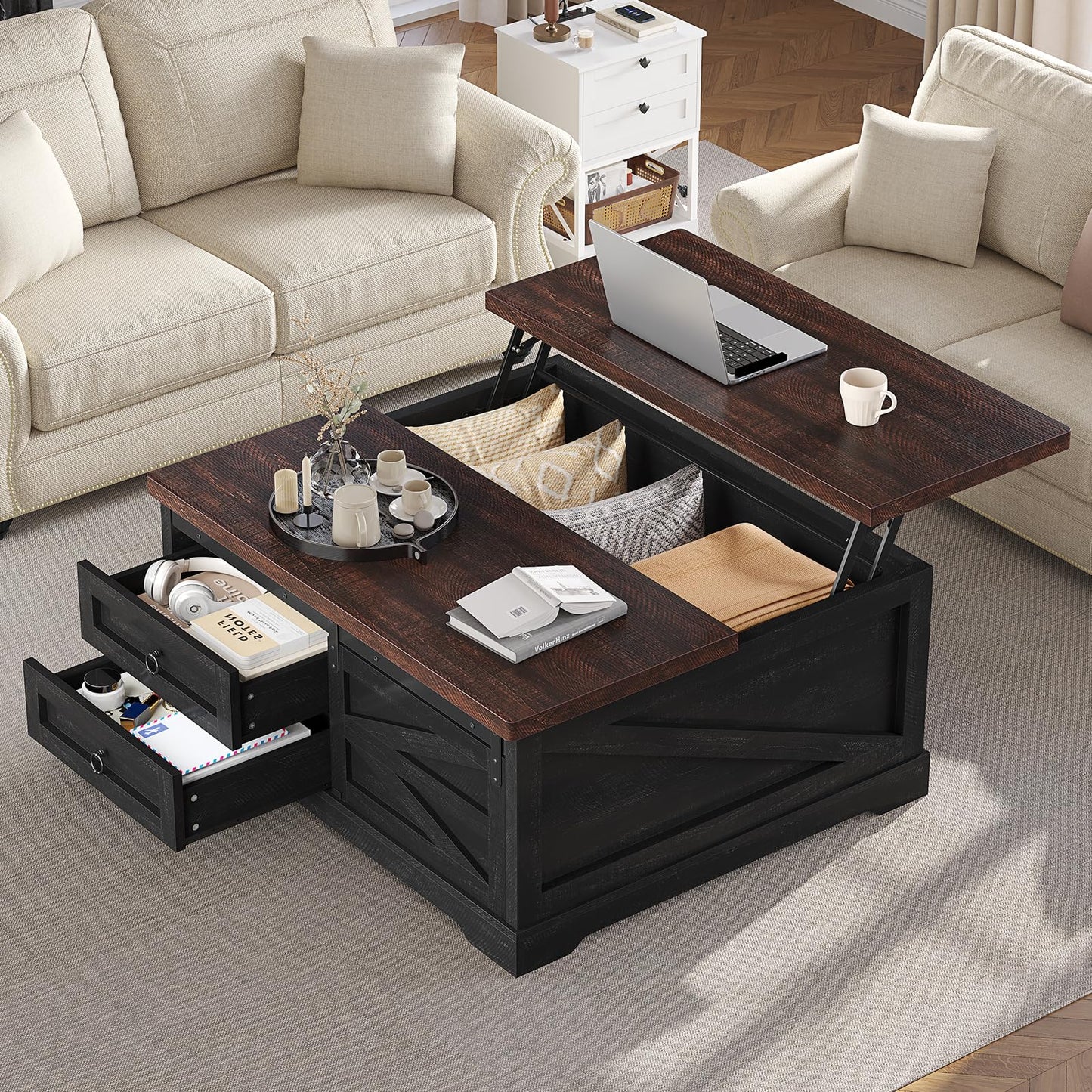 Itaar 39.4'' Lift Top Coffee Table with Storage, Farmhouse Coffee Tables for Living Room, Square Coffee Table with Large Hidden Compartment & 2 Drawers & Adjustable Shelves, Black