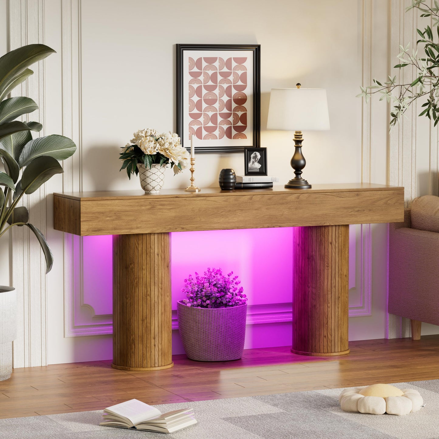 CASANOOKK 63-Inch Long Farmhouse Console Table,Wood Entryway Table with LED Light,Narrow Sofa Table Behind The Couch,Multiple Lighting Modes Adjustable,for Living Rooms,Entryway,Hallway,Rustic Brown