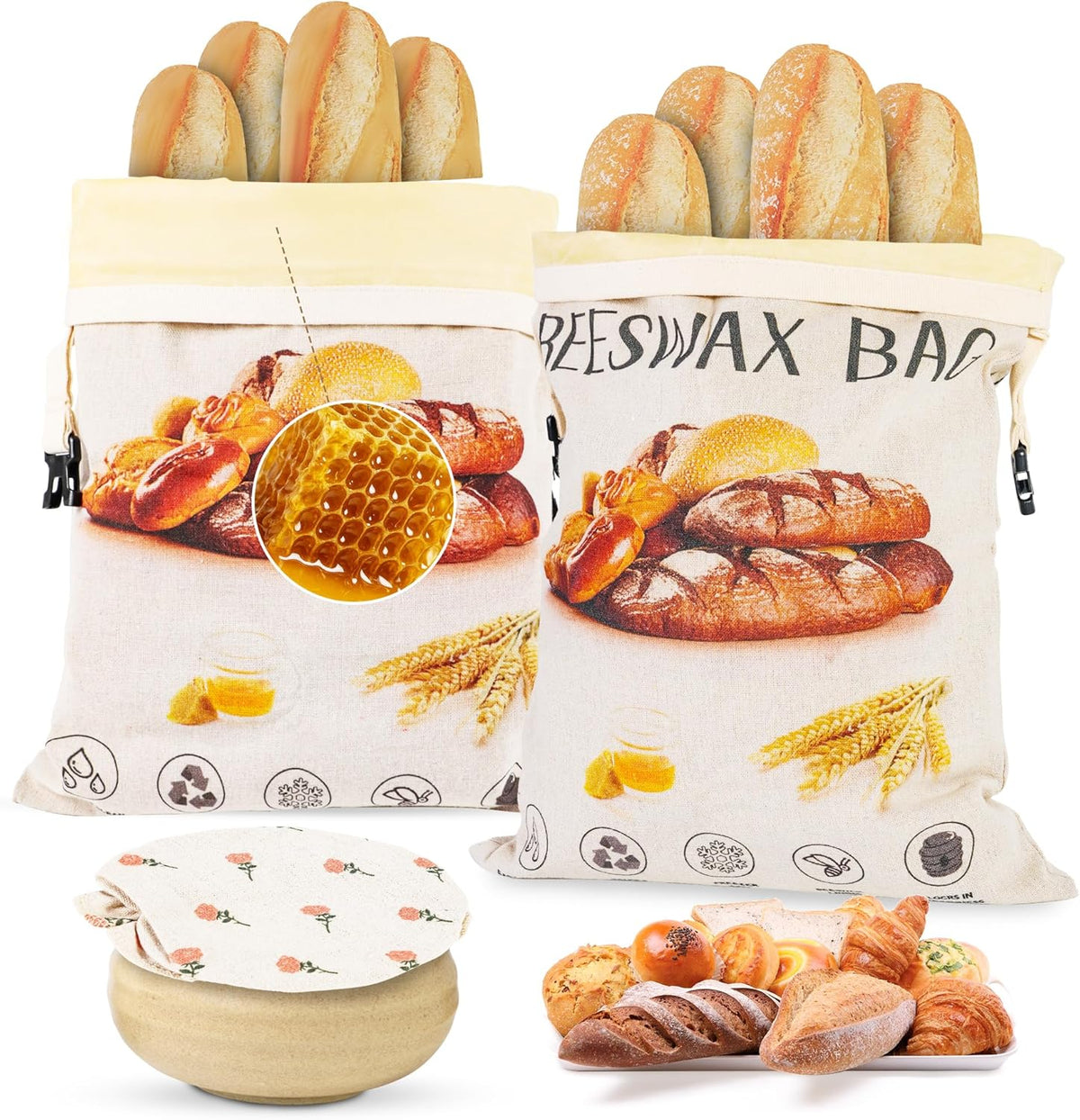 3-Pack Reusable Beeswax Bread Bags for Homemade Bread Sourdough, 2 Natural Beeswax 100% Linen Moisture-proof Lined Storage Bags with Buckle& 1 Bowl Covers –Keeps Bakes Fresh Longer (Bread print color)