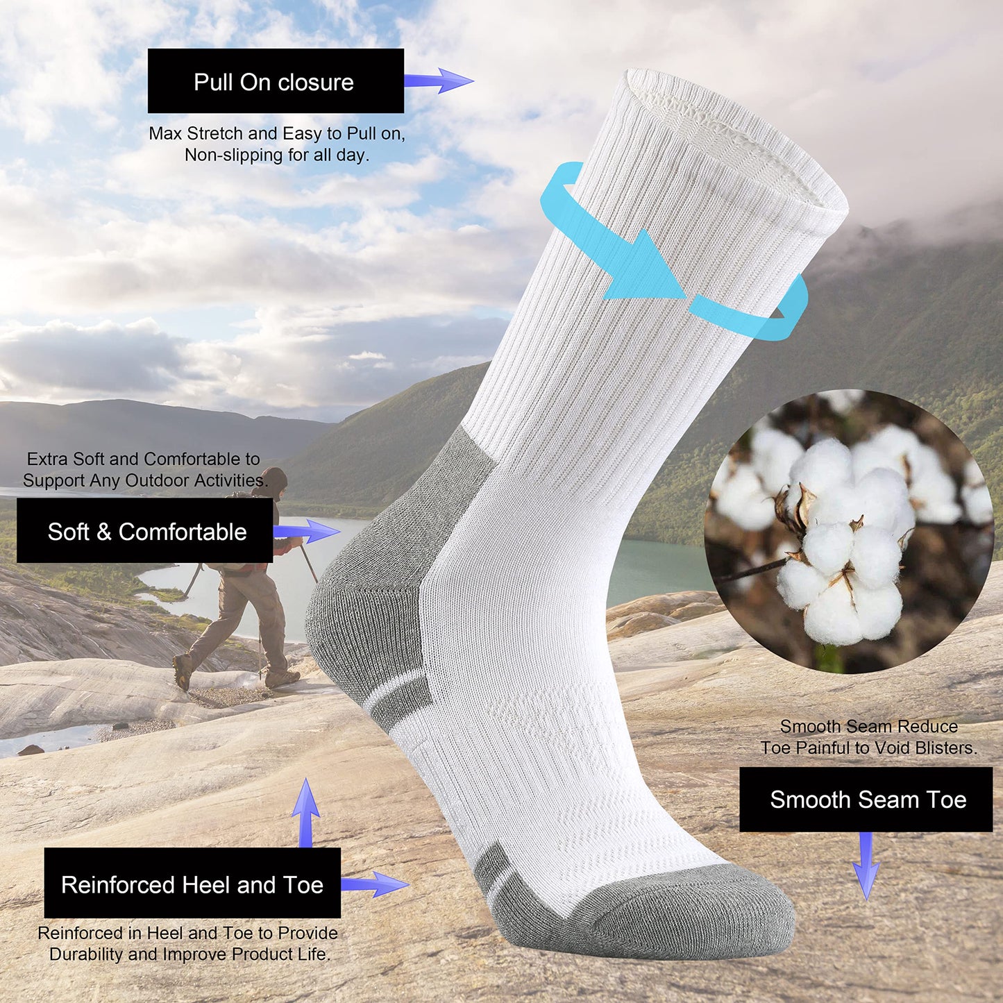 Ortis Men's Cotton Cushion Crew Socks Moisture Wicking Breathable Thick Warm Thermal for Athletic Heavy Duty Work Boot(WhiteGrey L)