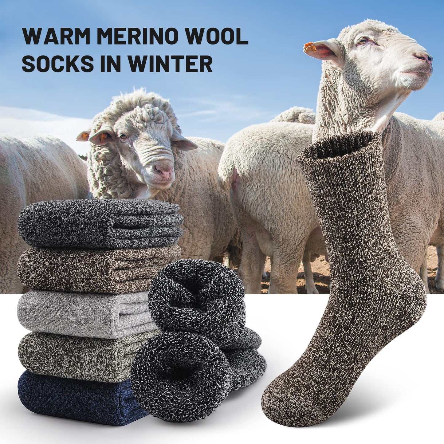 SIMIYA 5 Pairs Merino Wool Socks for Men, Thick Winter Wool Hiking Socks, Warm Breathable Crew Mens Socks（Fit USA Size 7-13